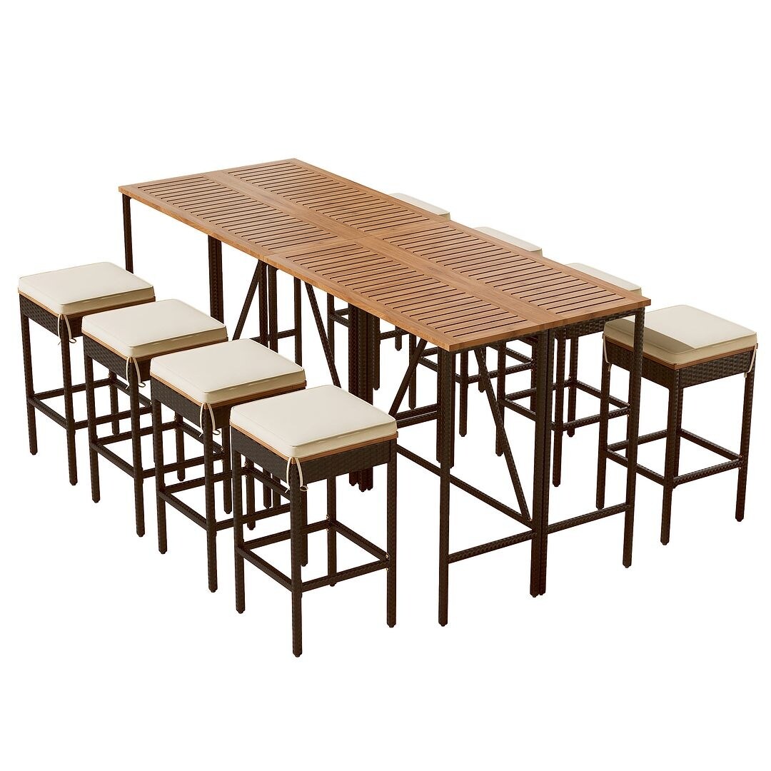 Ensemble de bar d'extérieur en bois d'acacia, table de pub haute et tabourets