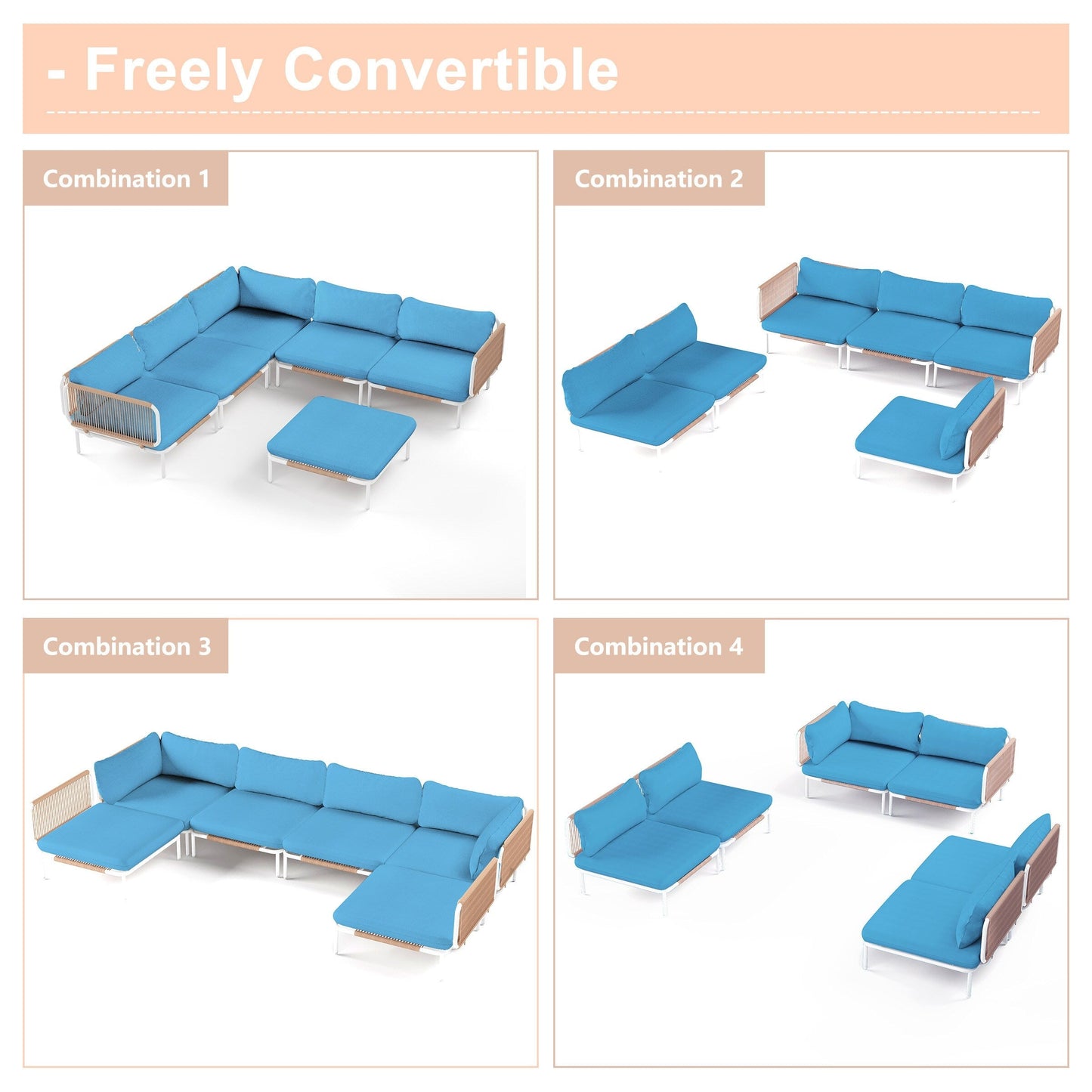 Ensemble de canapé sectionnel rembourré pour extérieur, ensemble de conversation pour meubles de patio, combinaison libre