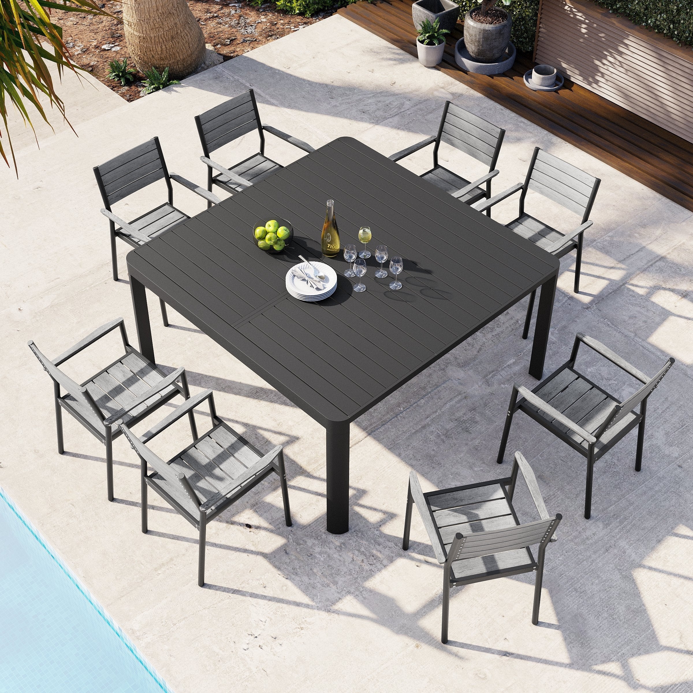 Mobilier de salle à manger d'extérieur : table extensible avec rallonge, chaises empilables, aluminium (voir photo).