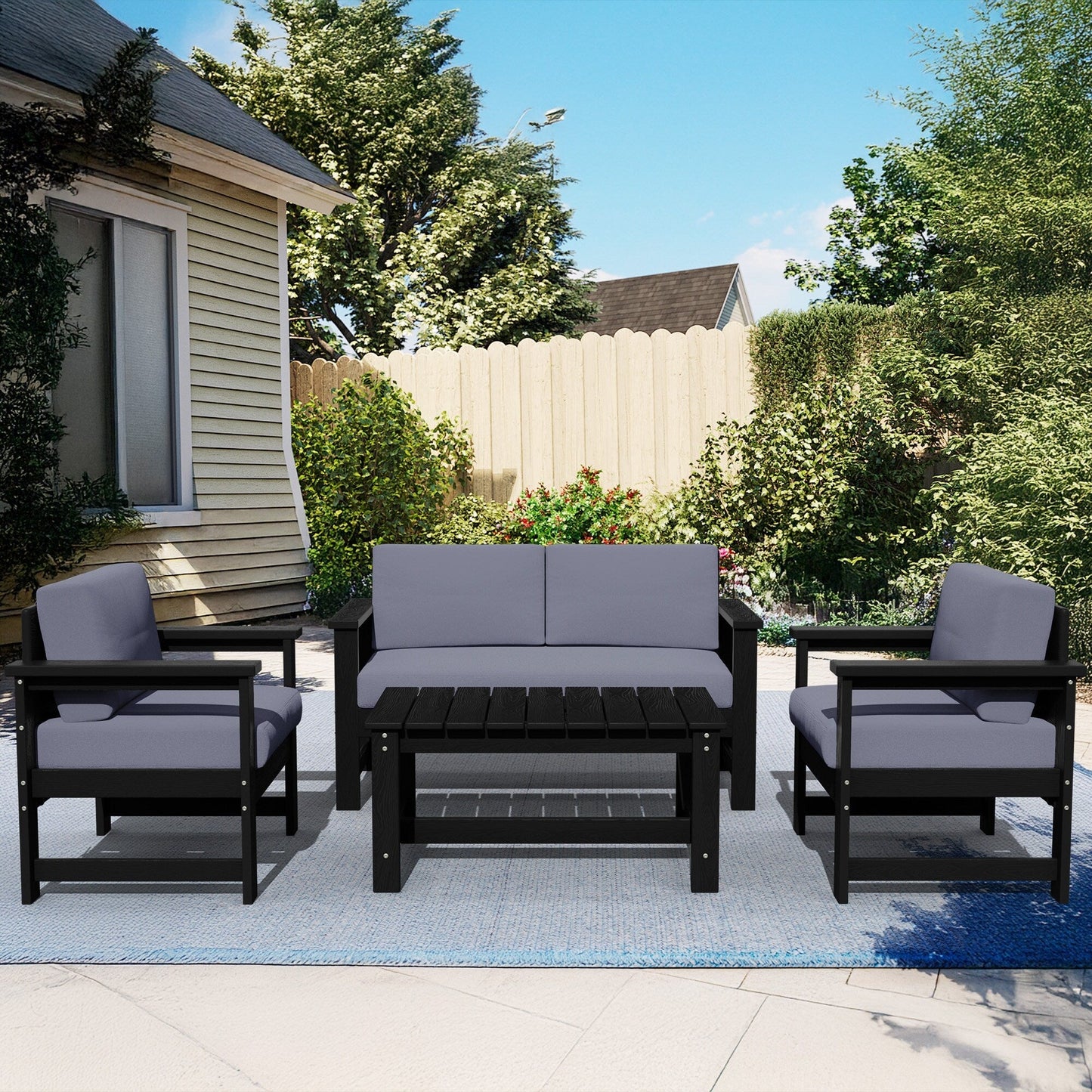 Ensemble de canapé et table sectionnels en PEHD pour patio extérieur, coussins amovibles inclus, une causeuse et deux canapés simples