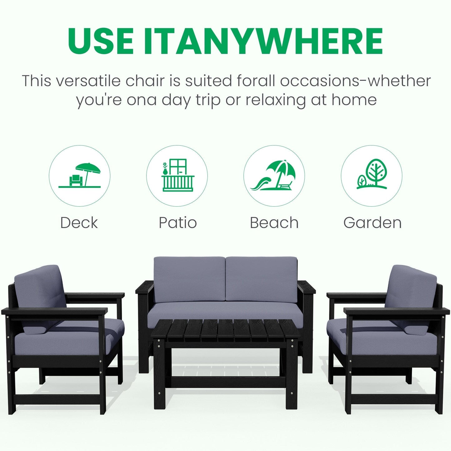 Ensemble de canapé et table sectionnels en PEHD pour patio extérieur, coussins amovibles inclus, une causeuse et deux canapés simples