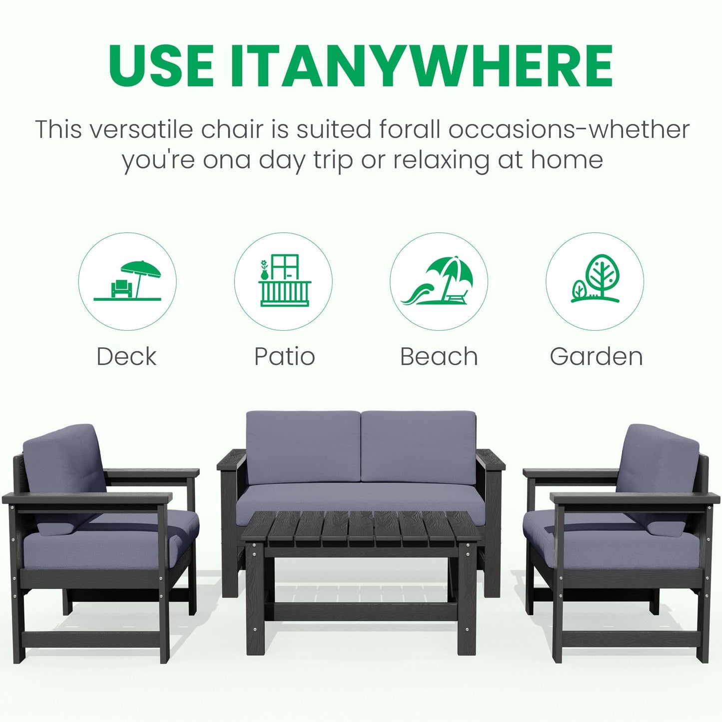Ensemble de canapé et table sectionnels en PEHD pour patio extérieur, coussins amovibles inclus, une causeuse et deux canapés simples