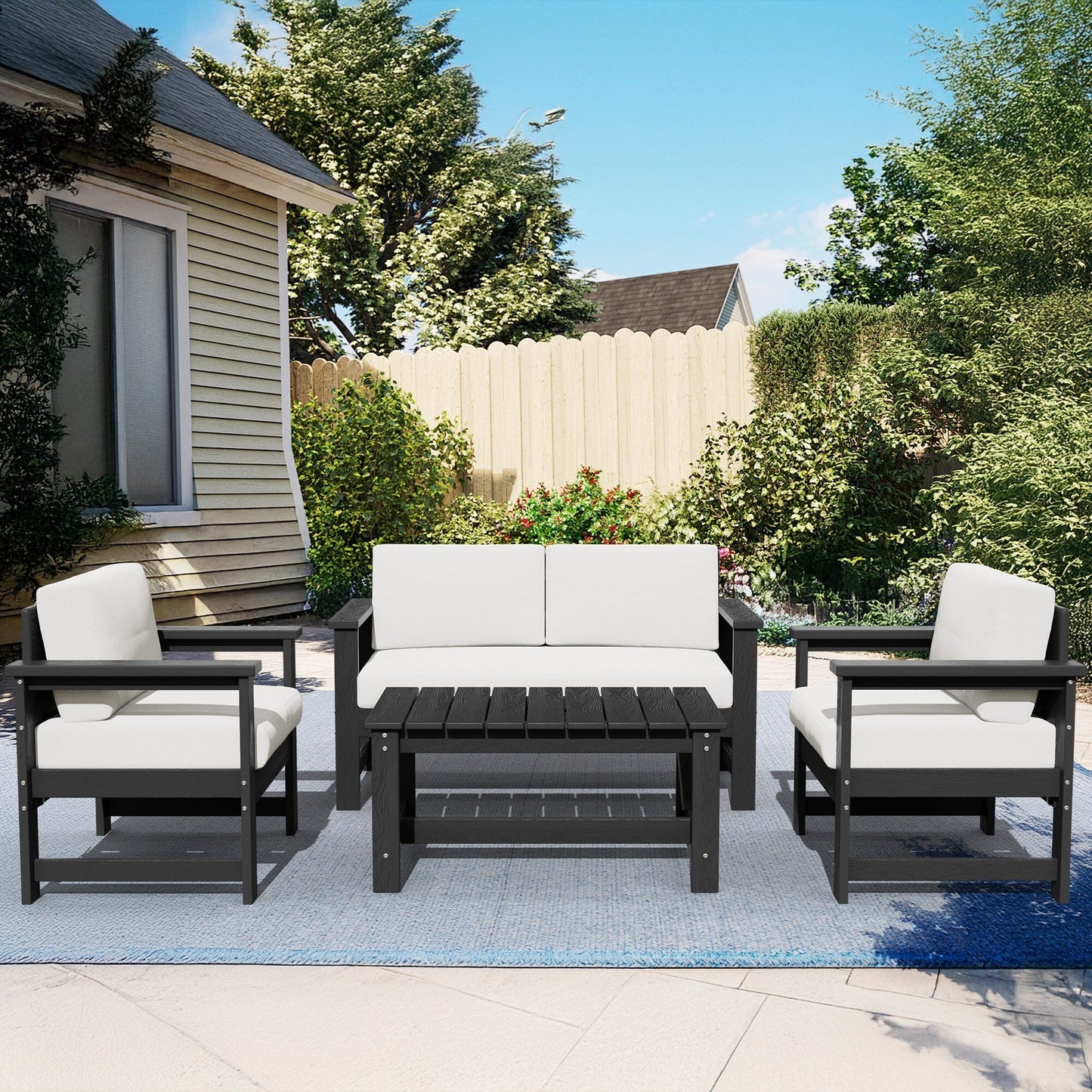 Ensemble de canapé et table sectionnels en PEHD pour patio extérieur, coussins amovibles inclus, une causeuse et deux canapés simples