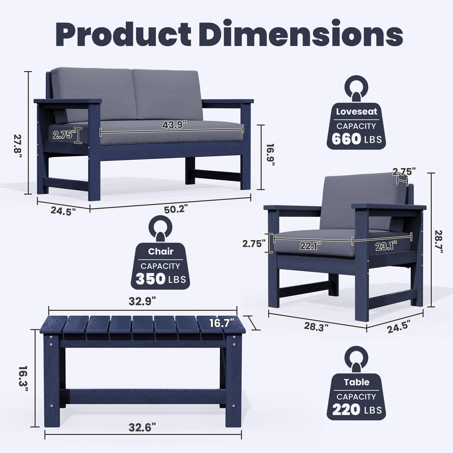 Ensemble de canapé et table sectionnels en PEHD pour patio extérieur, coussins amovibles inclus, une causeuse et deux canapés simples
