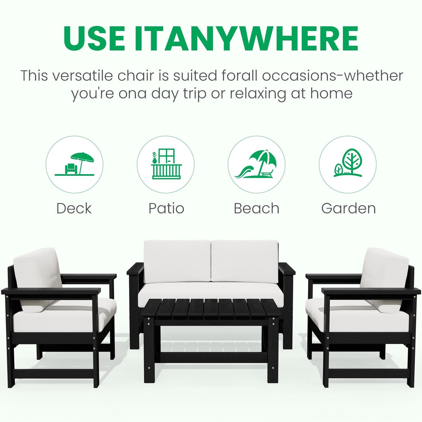 Ensemble de canapé et table sectionnels en PEHD pour patio extérieur, coussins amovibles inclus, une causeuse et deux canapés simples