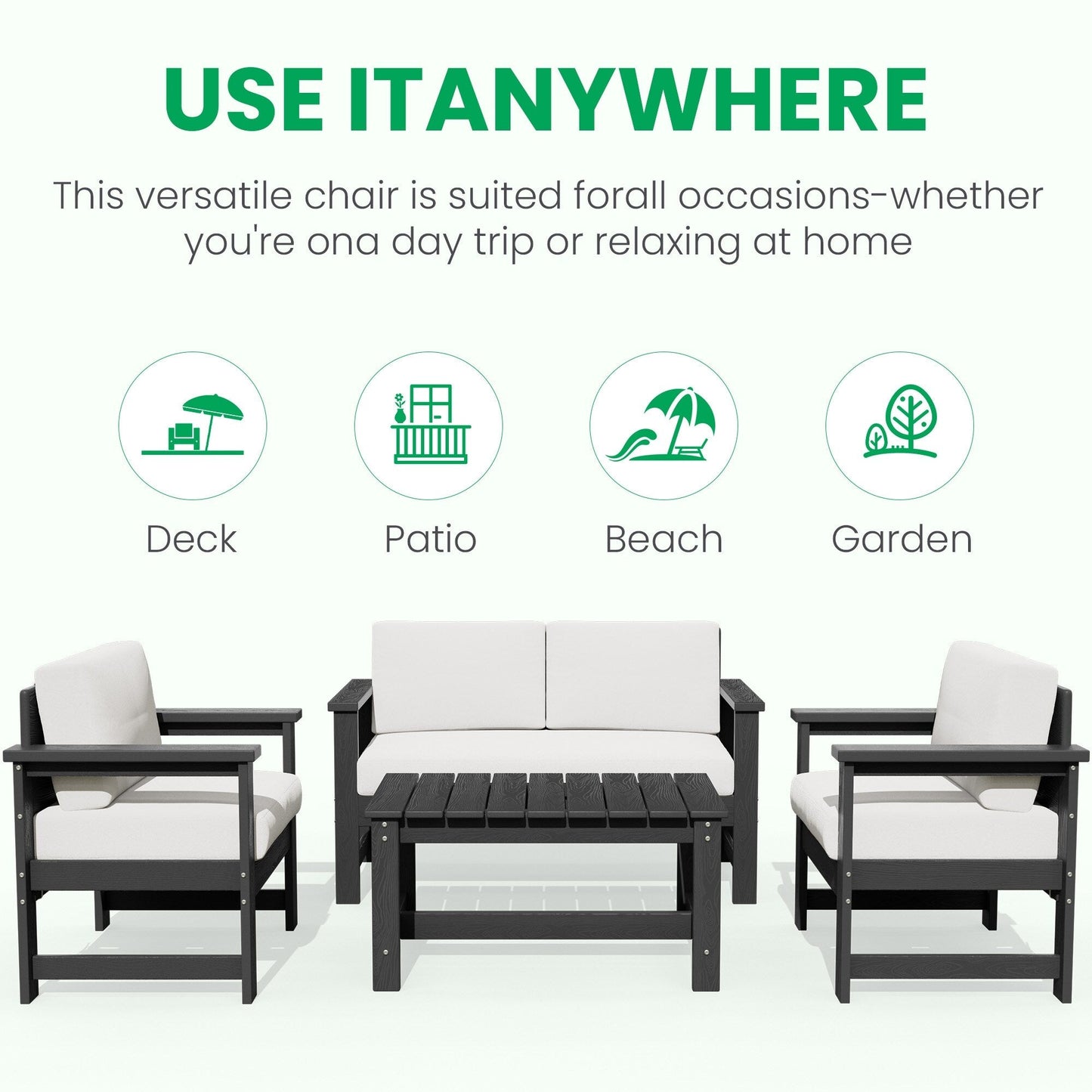 Ensemble de canapé et table sectionnels en PEHD pour patio extérieur, coussins amovibles inclus, une causeuse et deux canapés simples
