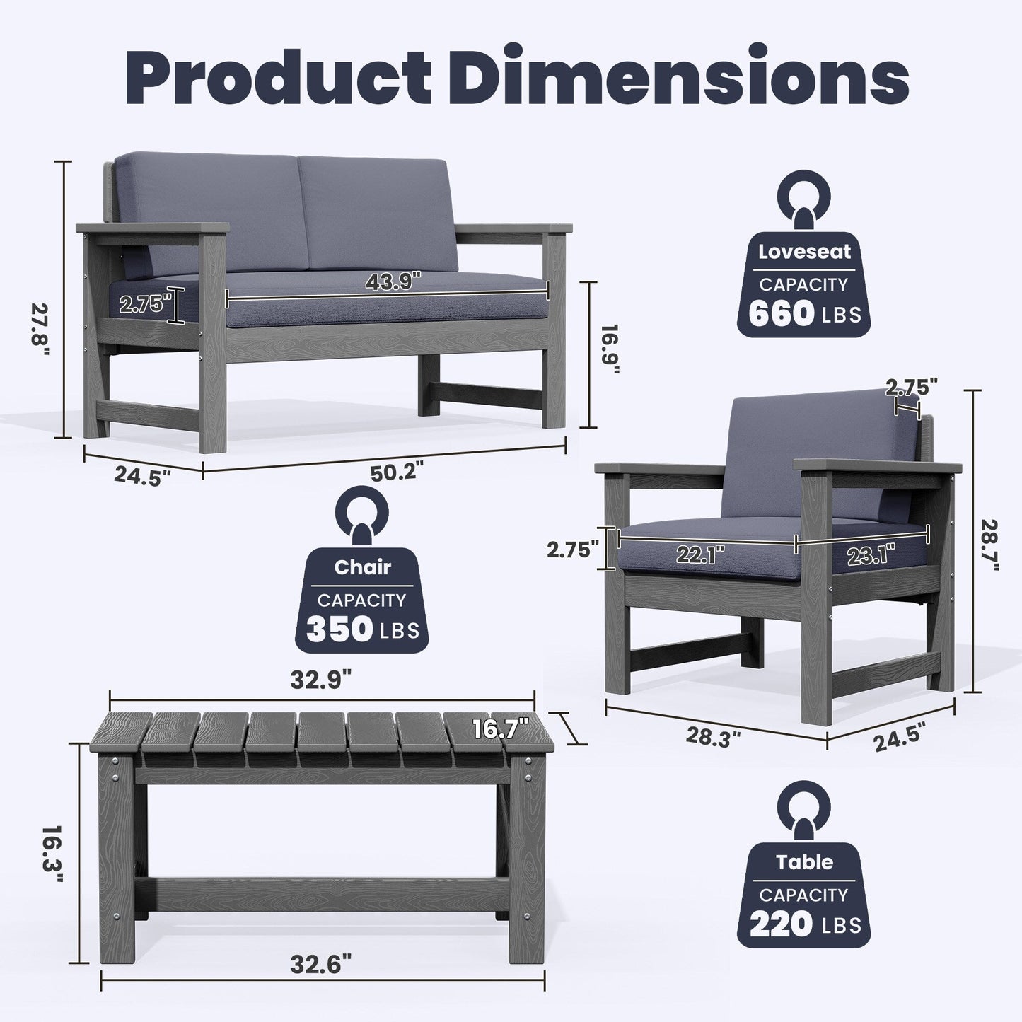 Ensemble de canapé et table sectionnels en PEHD pour patio extérieur, coussins amovibles inclus, une causeuse et deux canapés simples