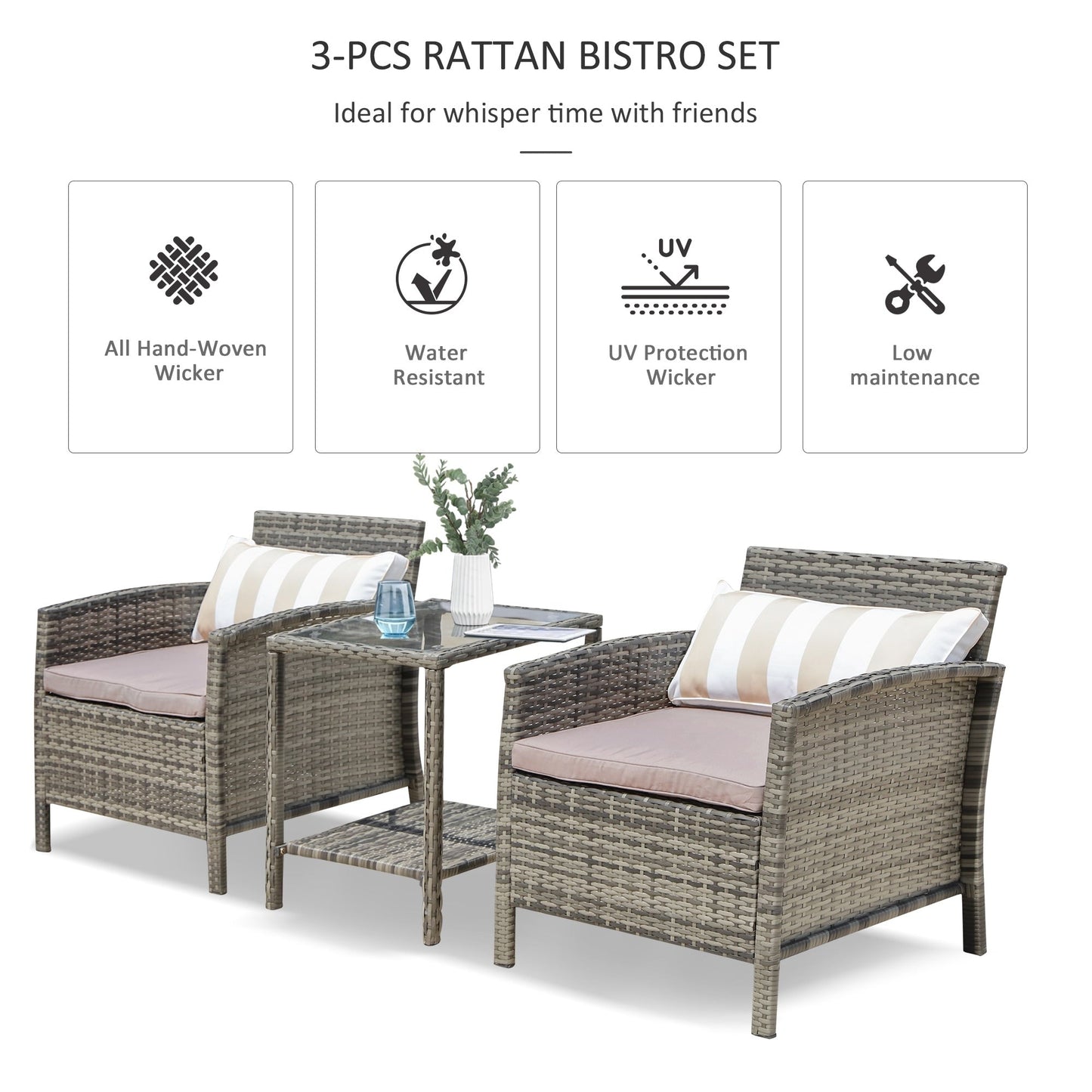 Outsunny Ensemble bistrot 3 pièces en rotin et osier avec coussins moelleux, salon de jardin avec table basse et étagère de rangement en verre