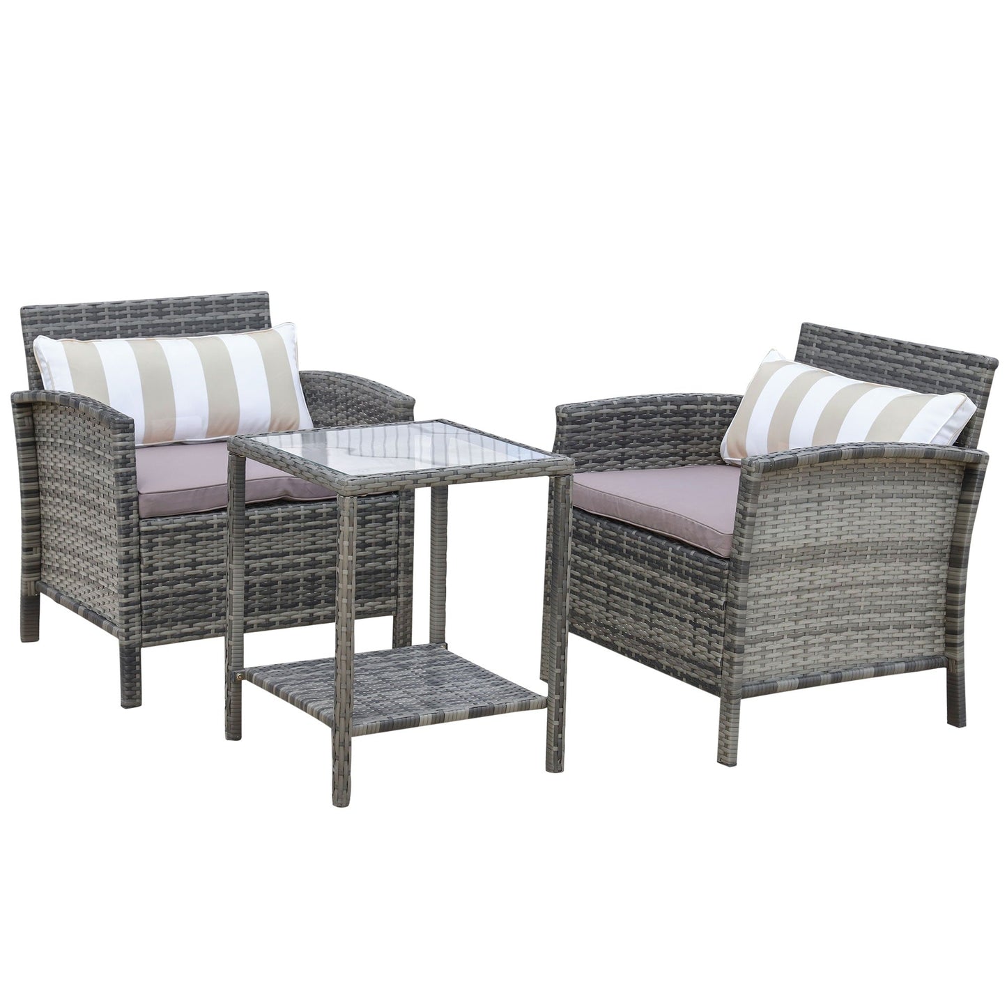 Outsunny Ensemble bistrot 3 pièces en rotin et osier avec coussins moelleux, salon de jardin avec table basse et étagère de rangement en verre