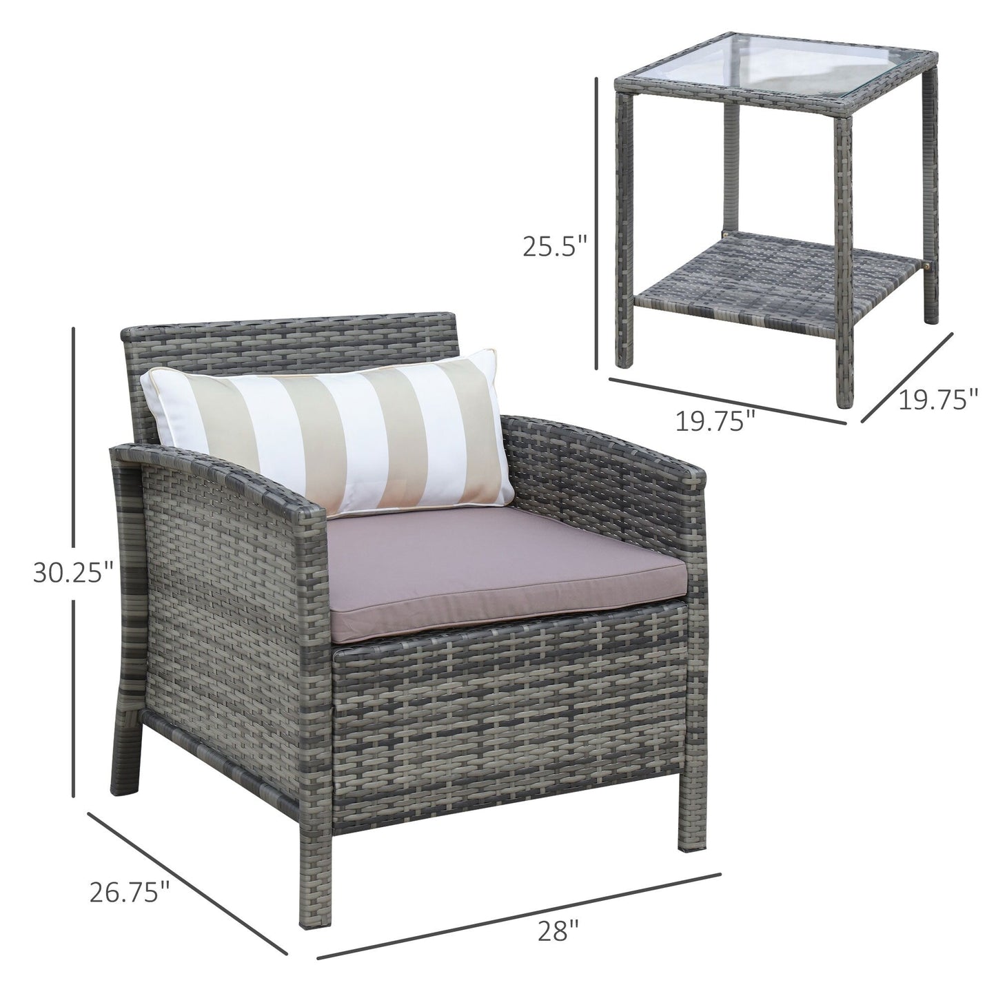 Outsunny Ensemble bistrot 3 pièces en rotin et osier avec coussins moelleux, salon de jardin avec table basse et étagère de rangement en verre