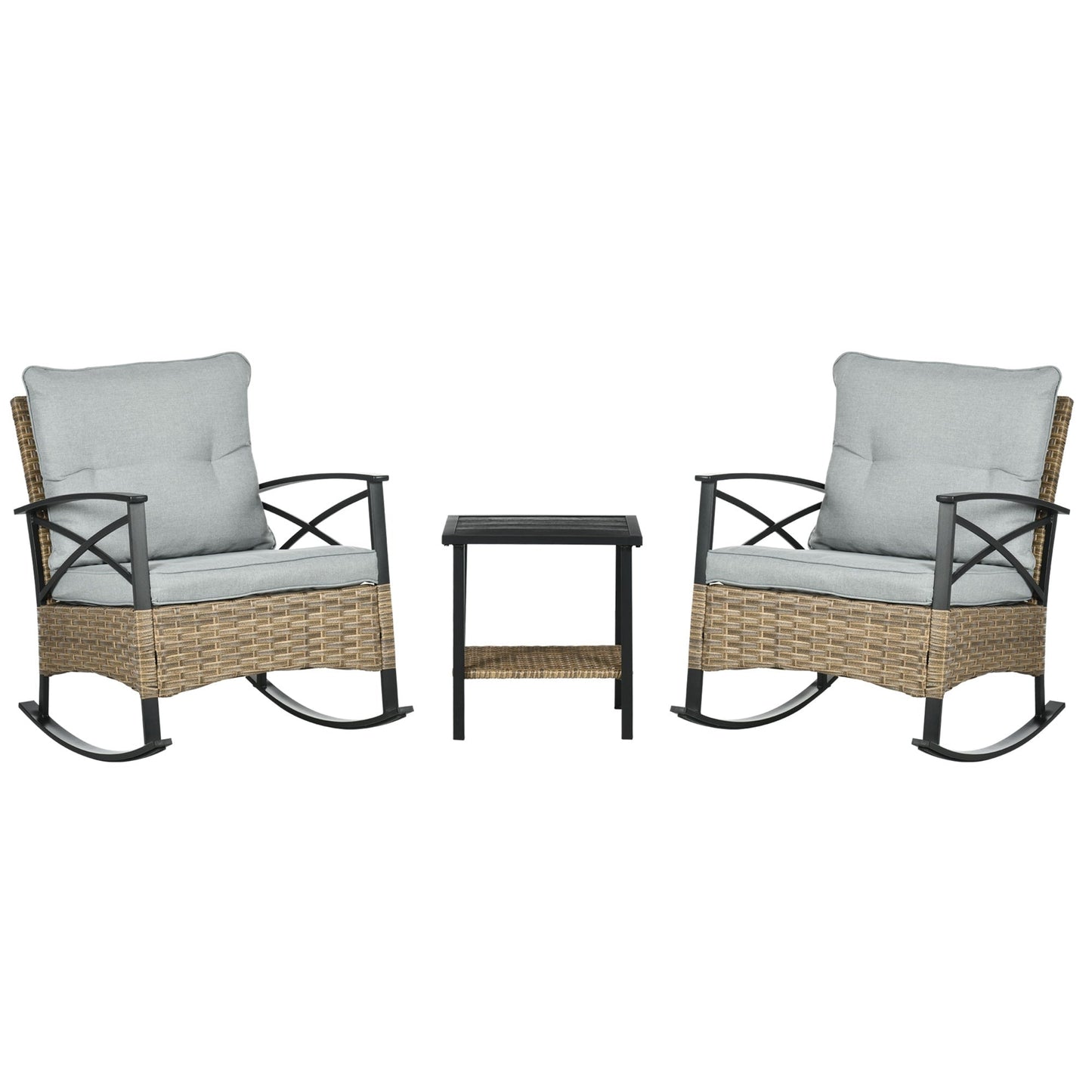 Outsunny Ensemble bistrot à bascule 3 pièces en osier, mobilier de jardin avec deux chaises à bascule pour porche - N/A
