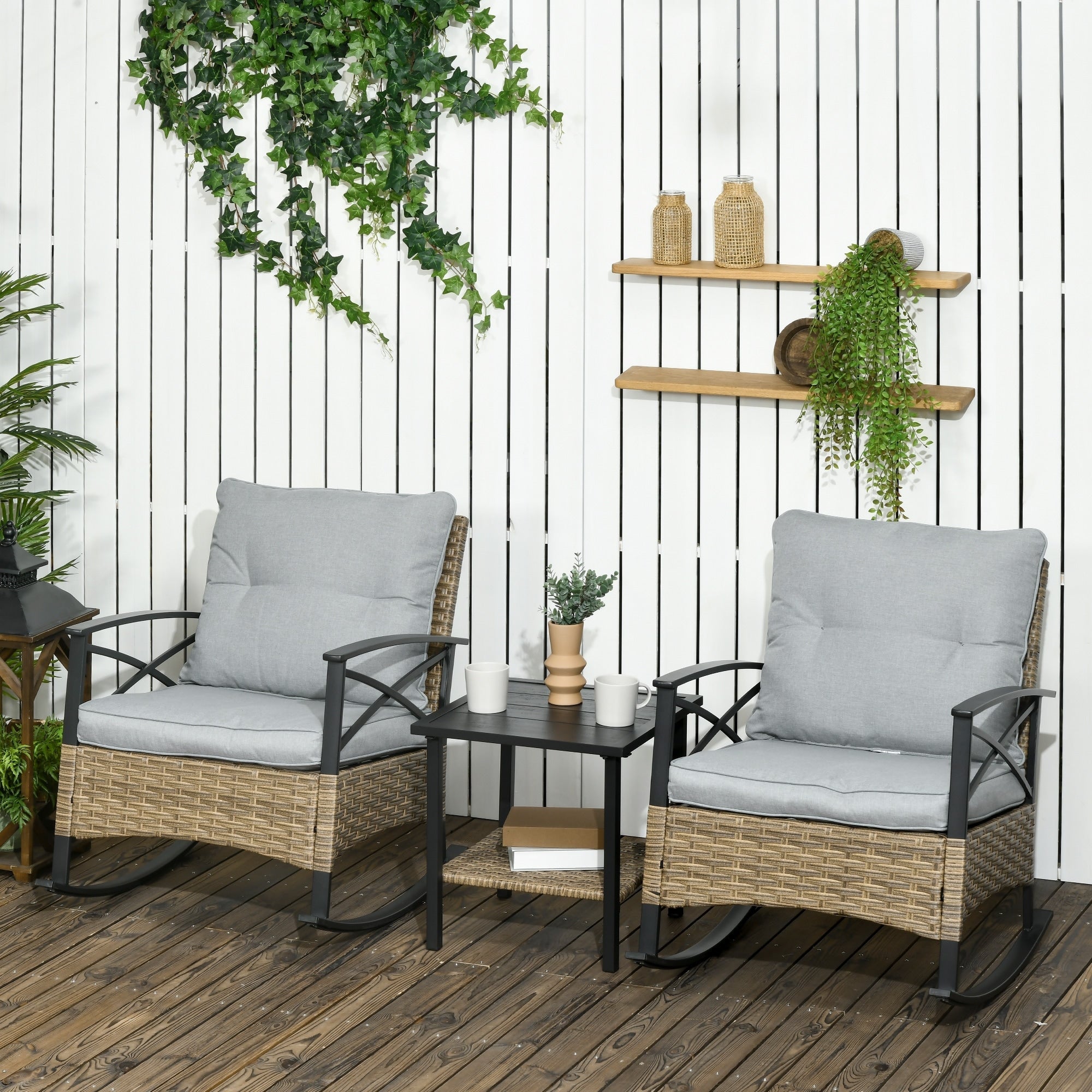Outsunny Ensemble bistrot à bascule 3 pièces en osier, mobilier de jardin avec deux chaises à bascule pour porche - N/A