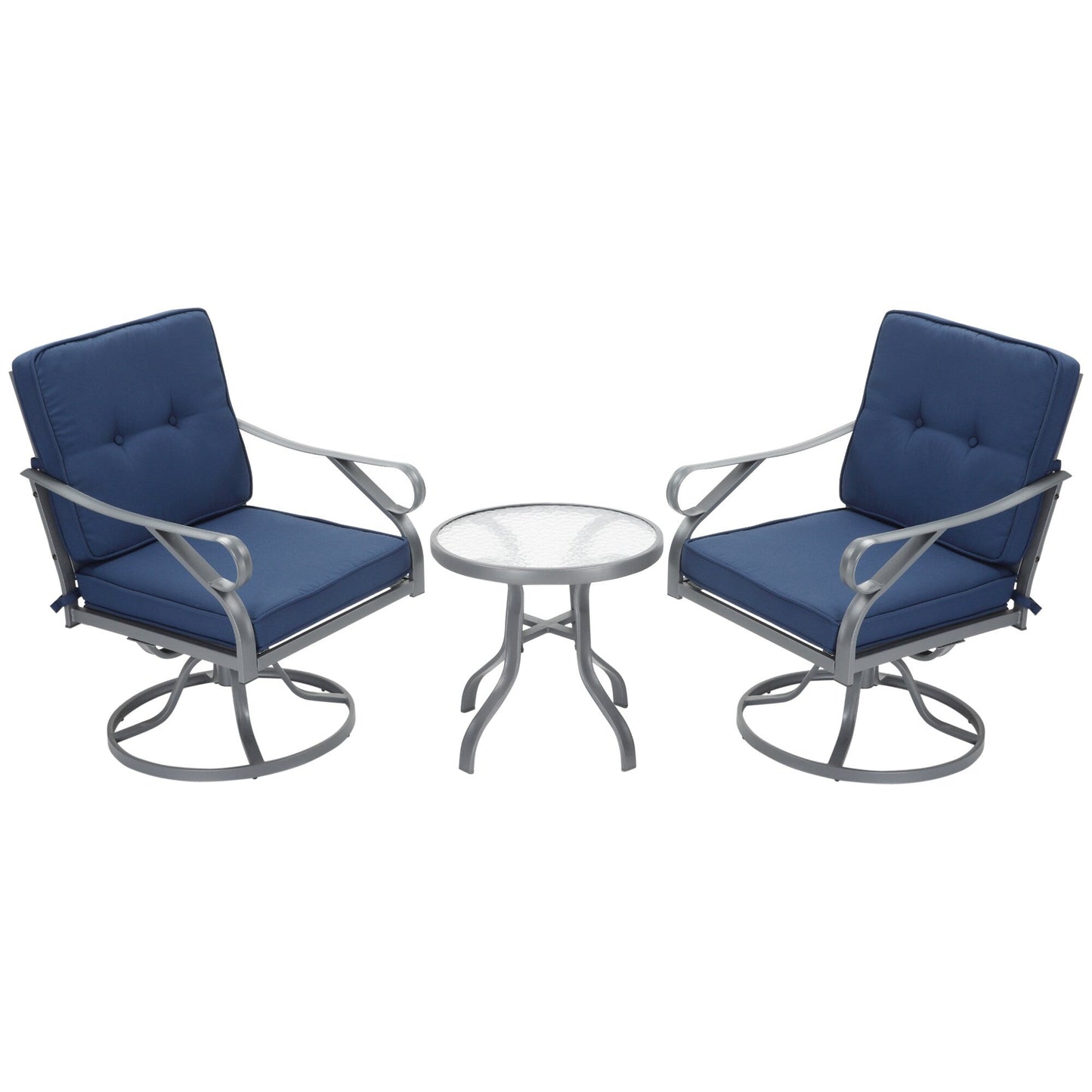 Ensemble bistrot pivotant d'extérieur Outsunny 3 pièces, 2 chaises à bascule et 1 table ronde en verre trempé avec coussin