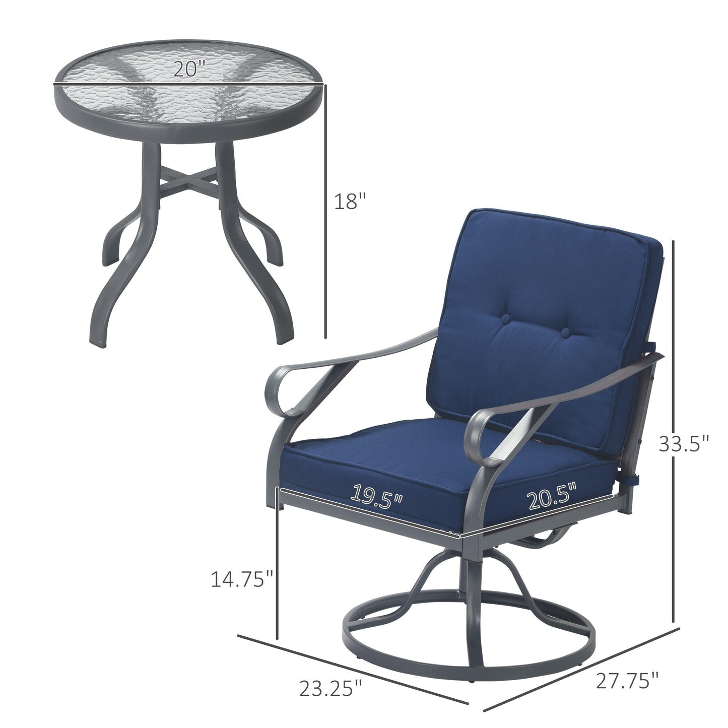 Ensemble bistrot pivotant d'extérieur Outsunny 3 pièces, 2 chaises à bascule et 1 table ronde en verre trempé avec coussin