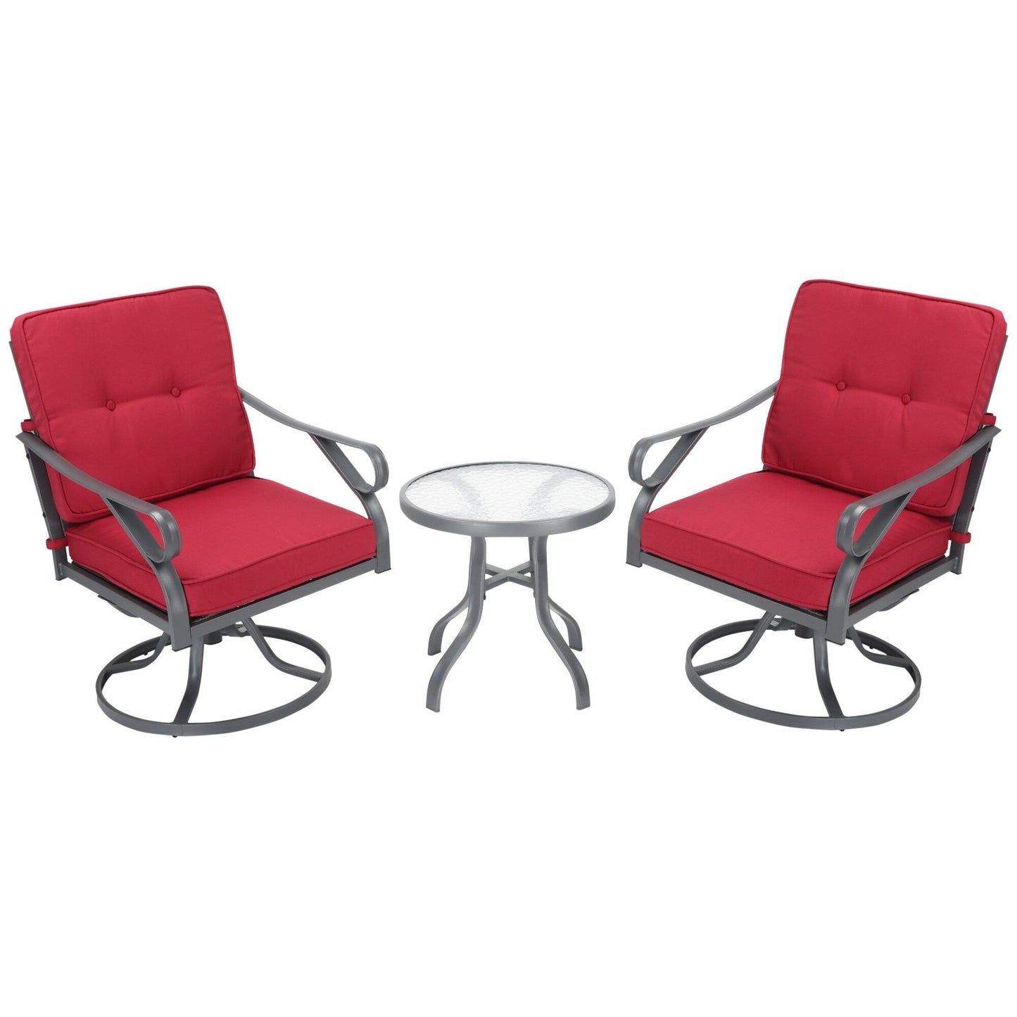 Ensemble bistrot pivotant d'extérieur Outsunny 3 pièces, 2 chaises à bascule et 1 table ronde en verre trempé avec coussin