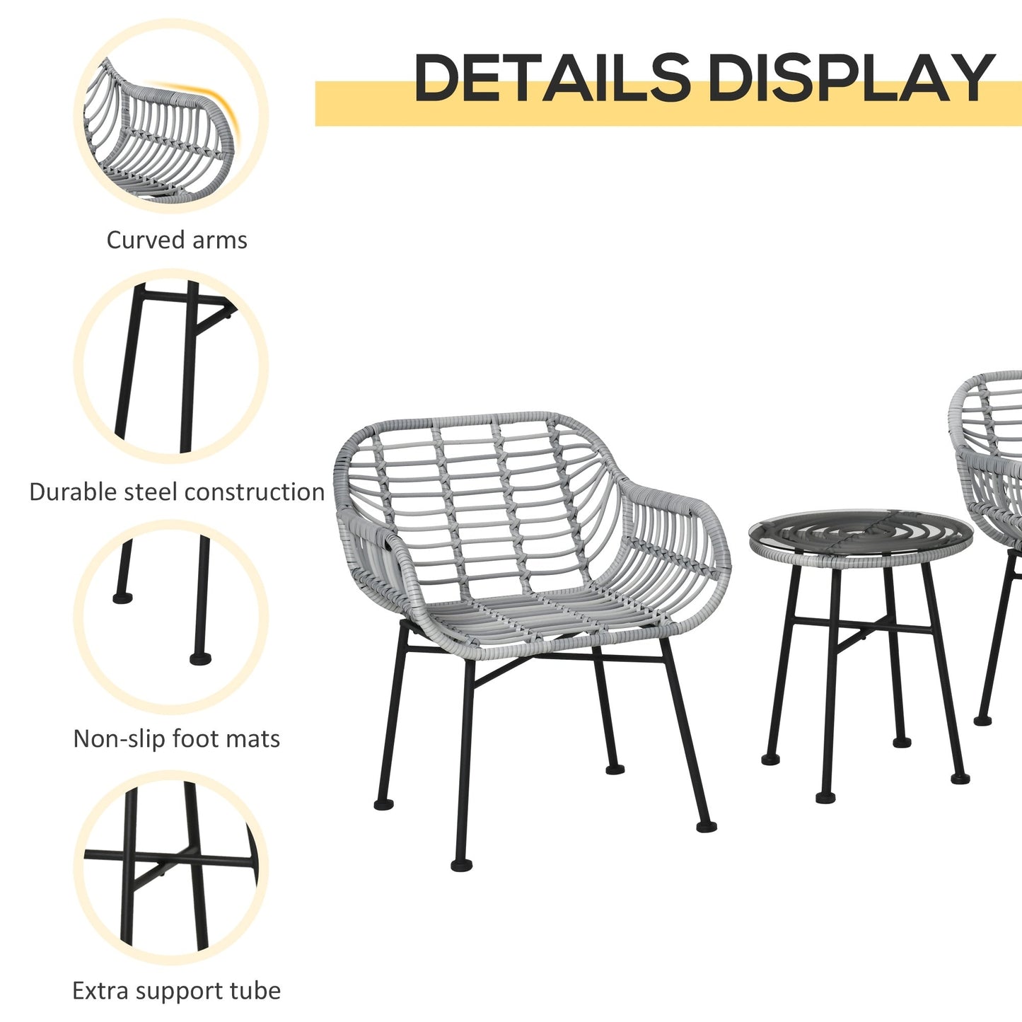 Ensemble bistrot Outsunny 3 pièces en rotin synthétique pour patio, salon de jardin rond en osier tressé, ensemble de meubles de conversation