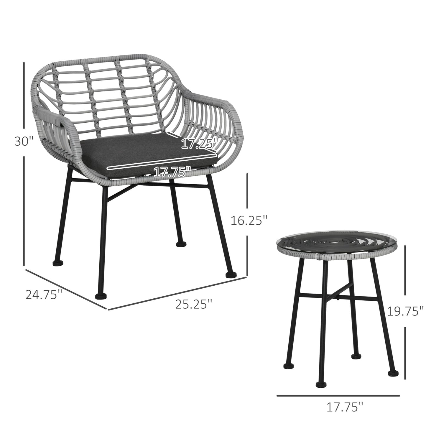 Ensemble bistrot Outsunny 3 pièces en rotin synthétique pour patio, salon de jardin rond en osier tressé, ensemble de meubles de conversation