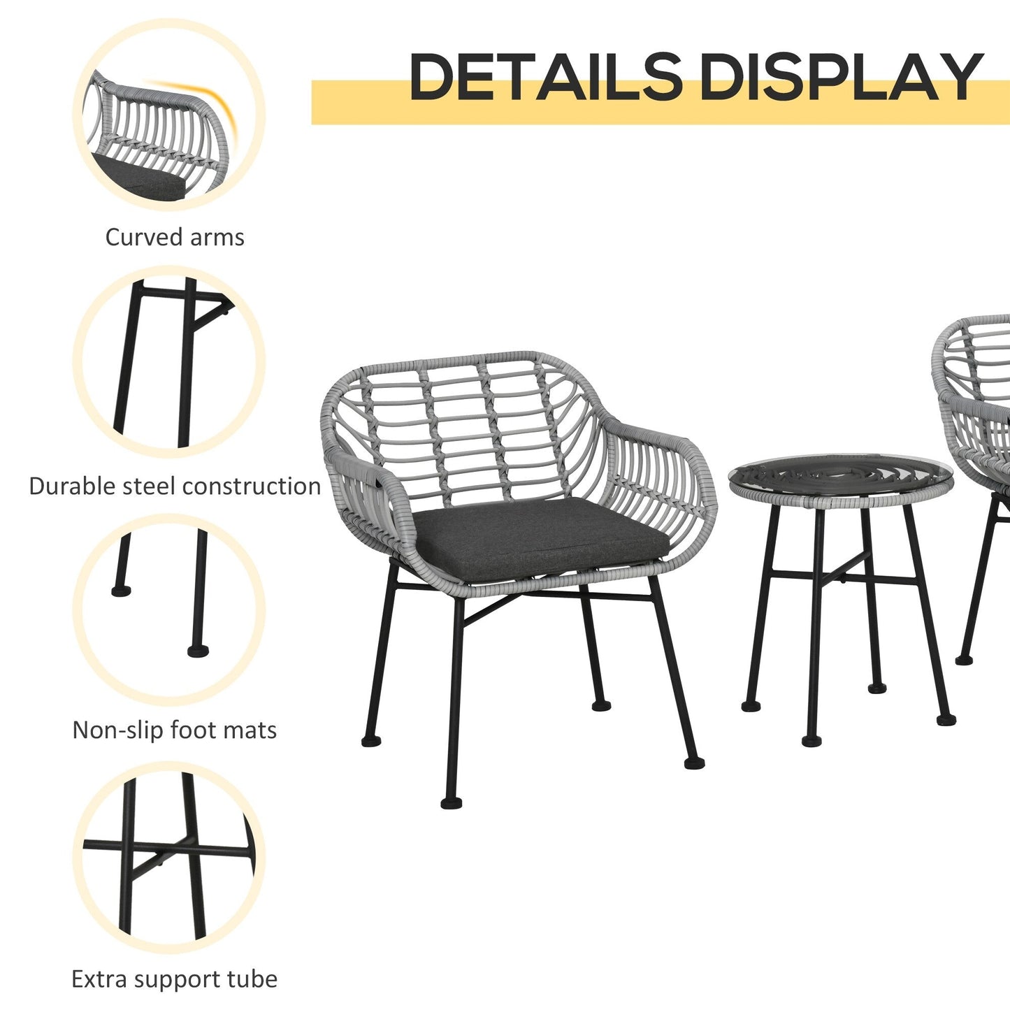 Ensemble bistrot Outsunny 3 pièces en rotin synthétique pour patio, salon de jardin rond en osier tressé, ensemble de meubles de conversation