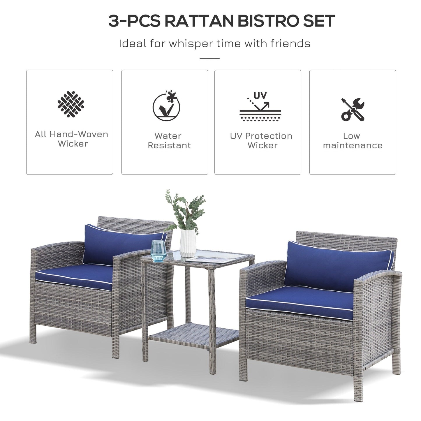 Outsunny Ensemble bistrot 3 pièces en rotin et osier avec coussins moelleux, salon de jardin avec table basse et étagère de rangement en verre