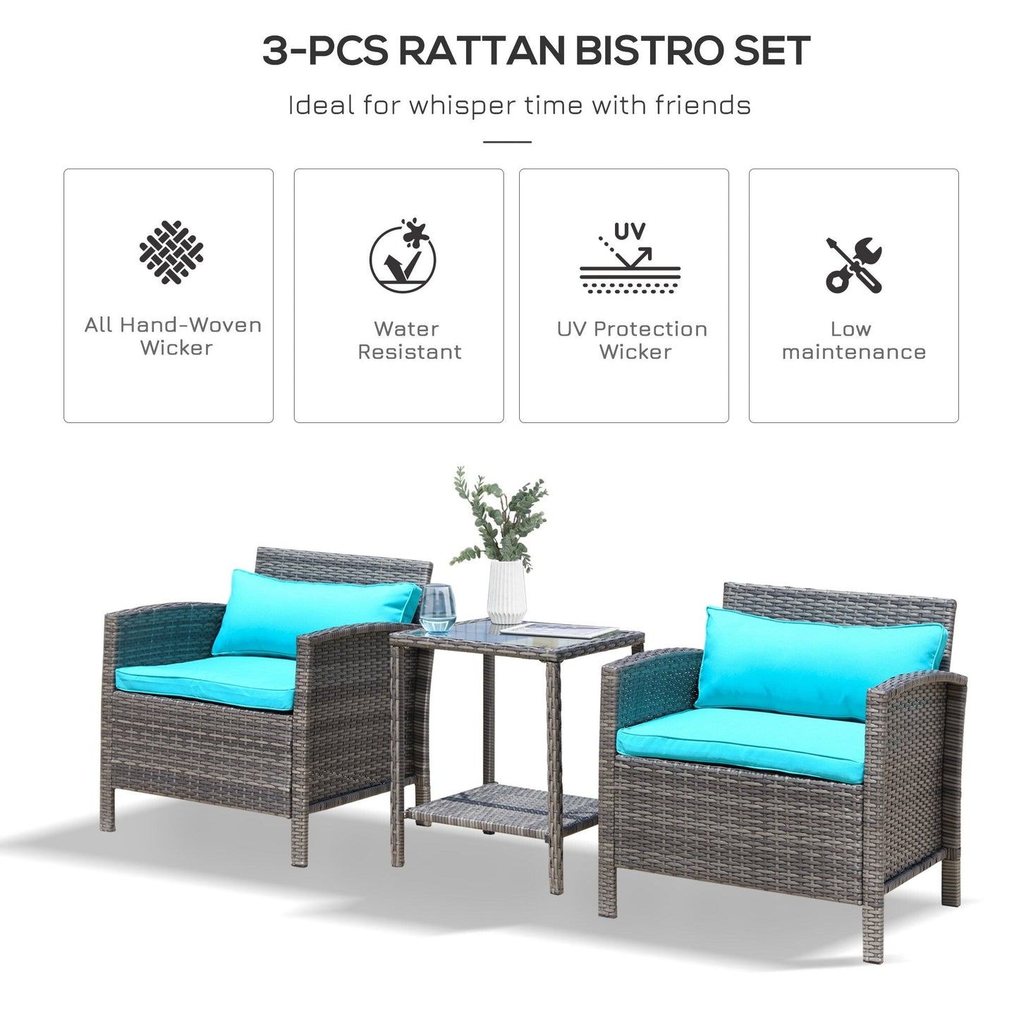 Outsunny Ensemble bistrot 3 pièces en rotin et osier avec coussins moelleux, salon de jardin avec table basse et étagère de rangement en verre