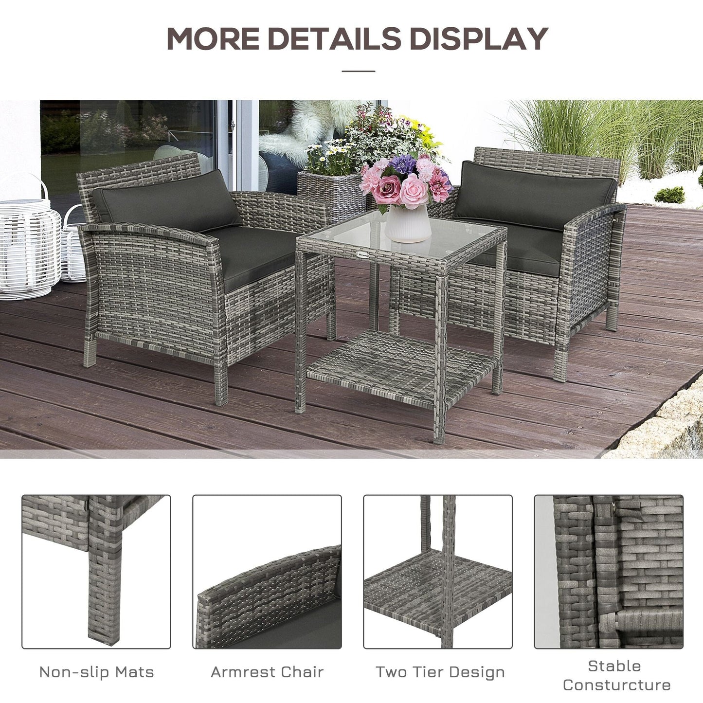 Outsunny Ensemble bistrot 3 pièces en rotin et osier avec coussins moelleux, salon de jardin avec table basse et étagère de rangement en verre