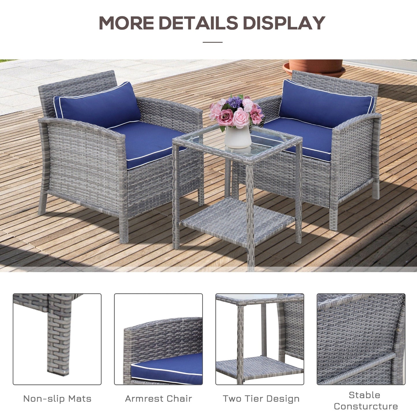Outsunny Ensemble bistrot 3 pièces en rotin et osier avec coussins moelleux, salon de jardin avec table basse et étagère de rangement en verre