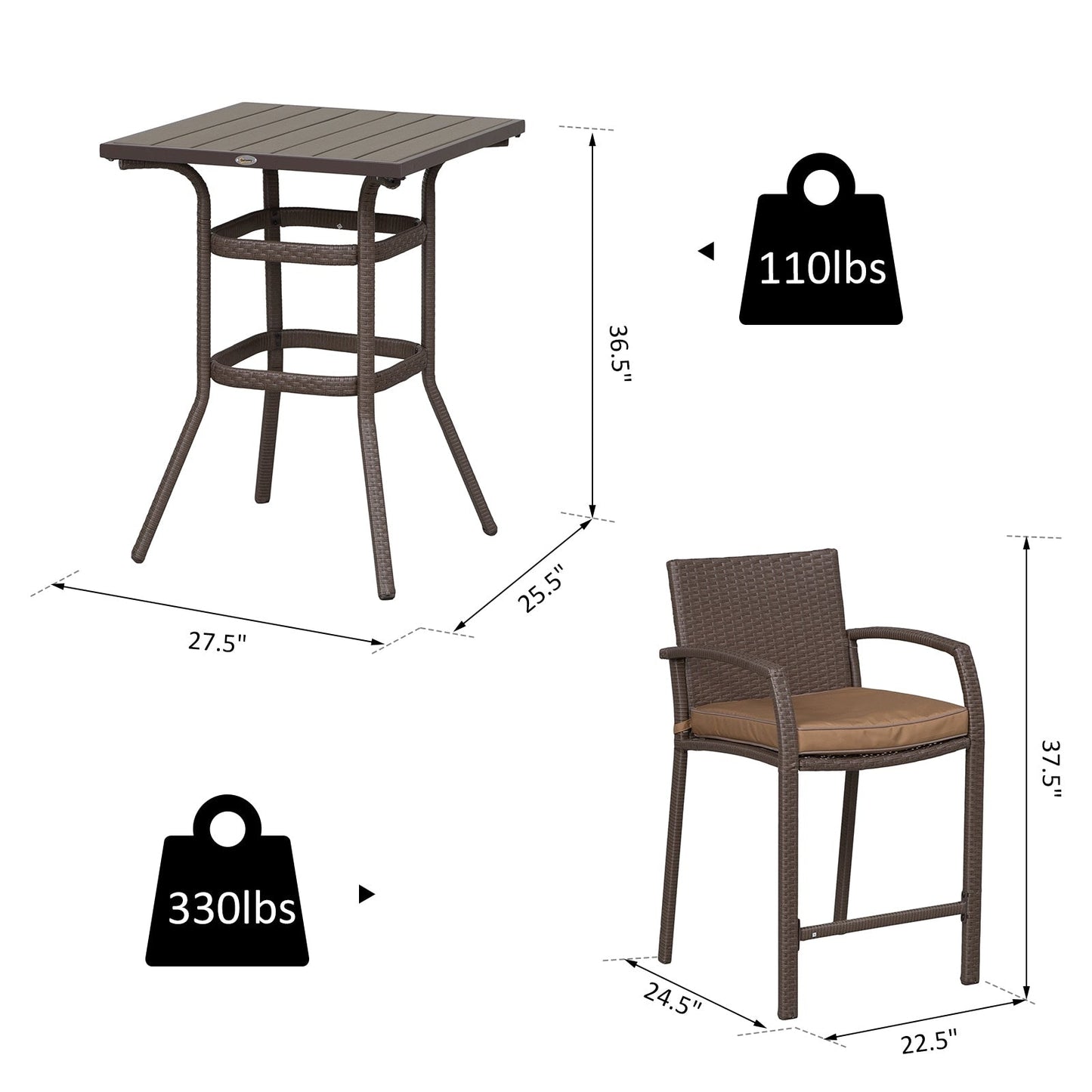 Ensemble de bar et table de conversation d'extérieur en rotin PE Outsunny 3 pièces