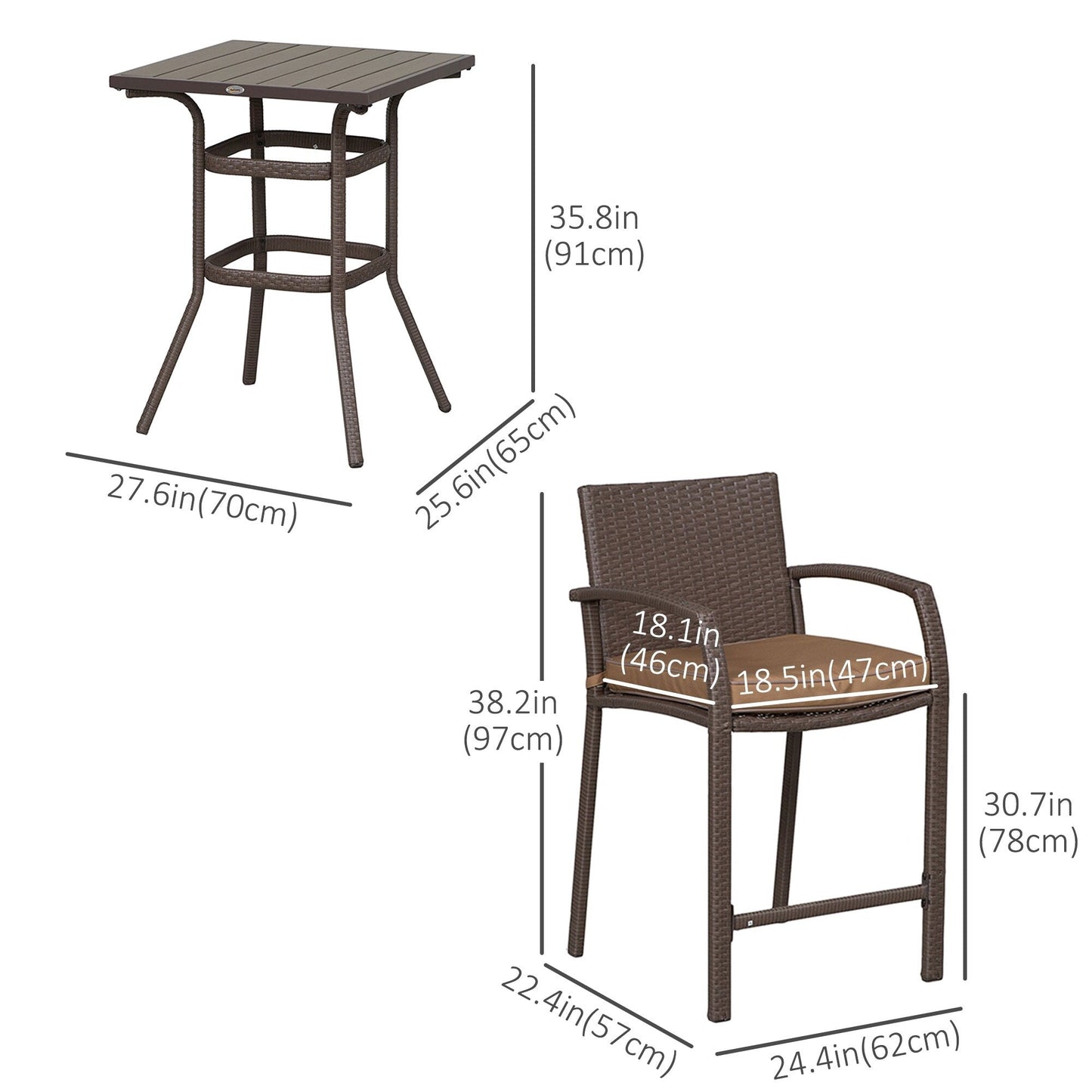 Ensemble de bar et table de conversation d'extérieur en rotin PE Outsunny 3 pièces