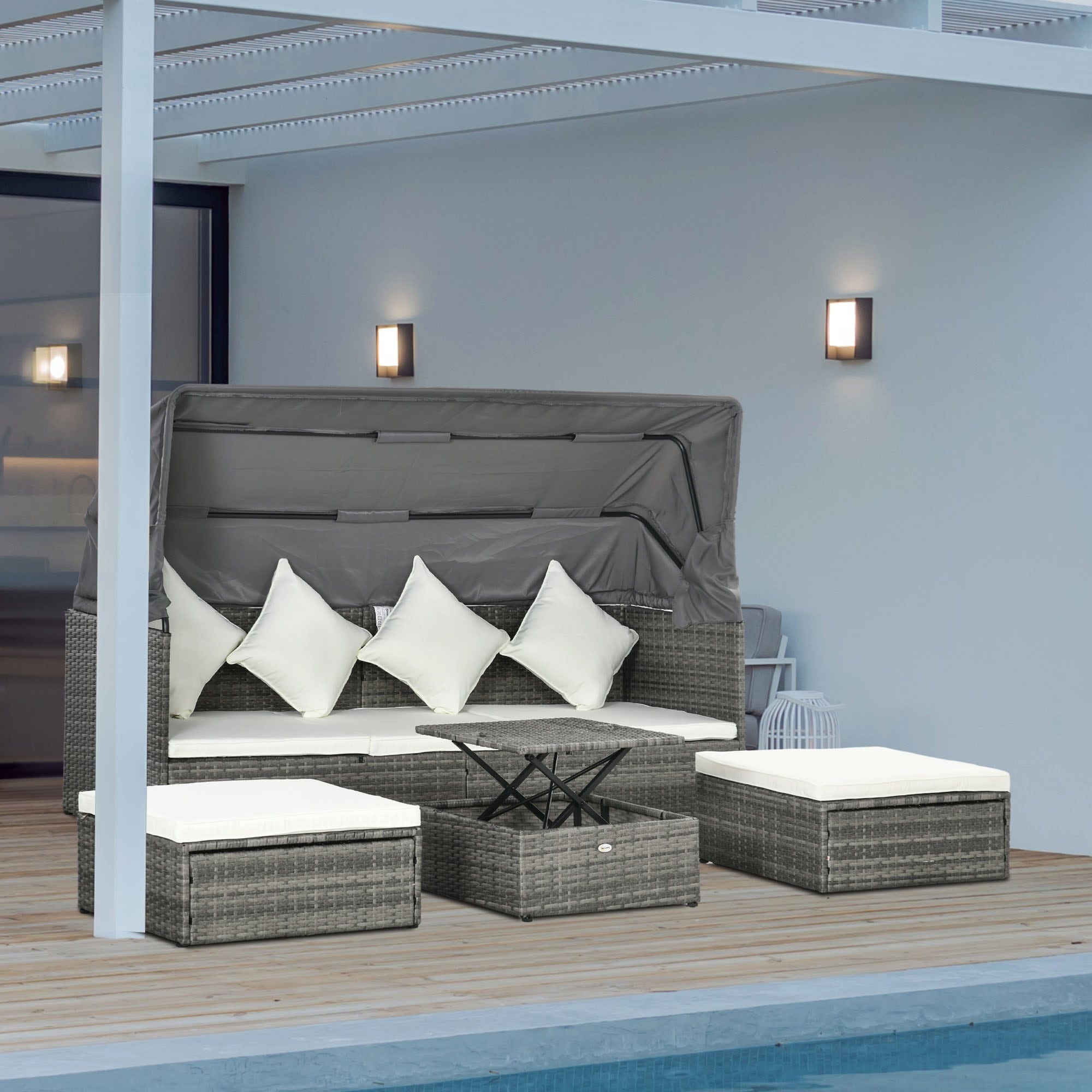 Ensemble de meubles de jardin Outsunny 4 pièces avec coussins, méridienne en rotin synthétique avec auvent rétractable et canapé d'extérieur sectionnel