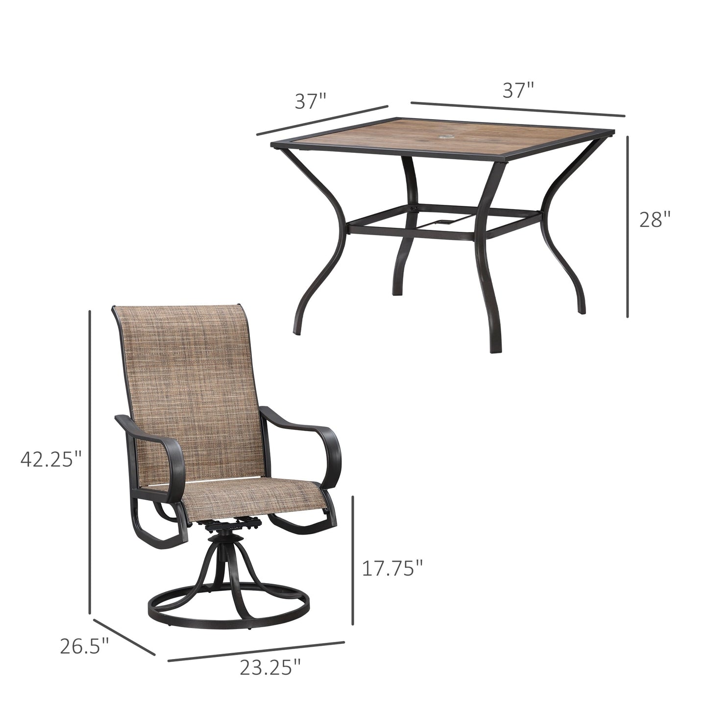 Ensemble de salle à manger d'extérieur Outsunny 5 pièces, 4 chaises à bascule pivotantes et une table à manger 37 x 37 avec trou pour parasol