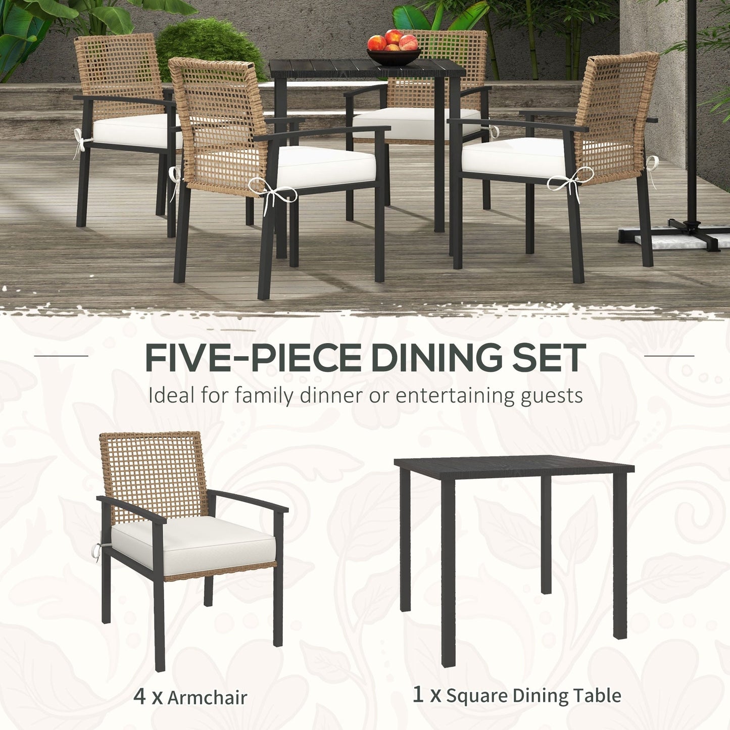 Ensemble de salle à manger de patio Outsunny 5 pièces, table et chaises d'extérieur avec coussins, ensemble de salle à manger en osier avec trou pour parasol - N/A