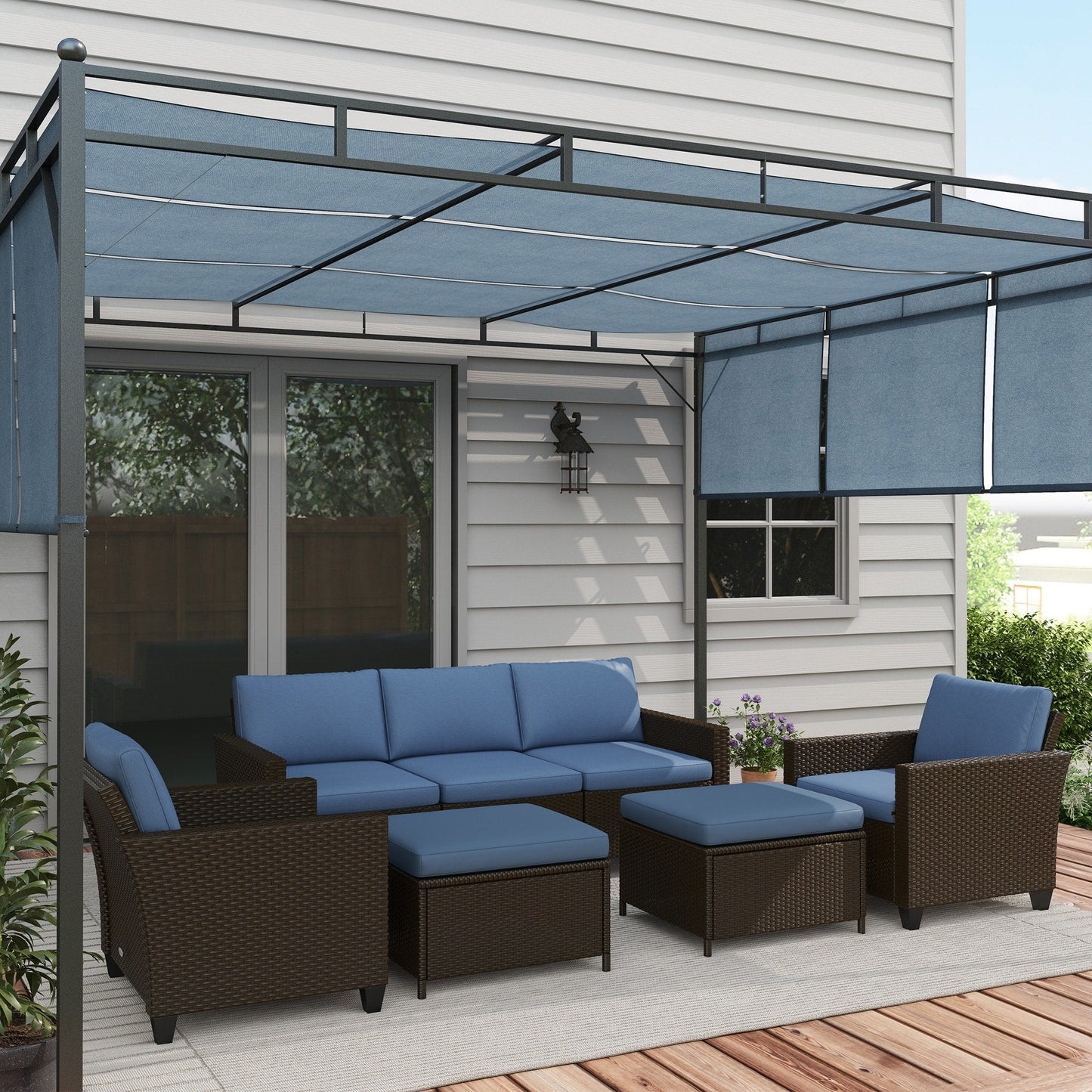 Ensemble de meubles de jardin Outsunny 5 pièces avec coussins, salon de jardin avec canapé trois places en rotin, chaises et repose-pieds