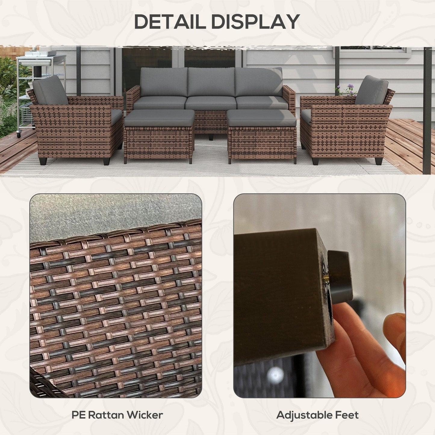Ensemble de meubles de jardin Outsunny 5 pièces avec coussins, salon de jardin avec canapé trois places en rotin, chaises et repose-pieds