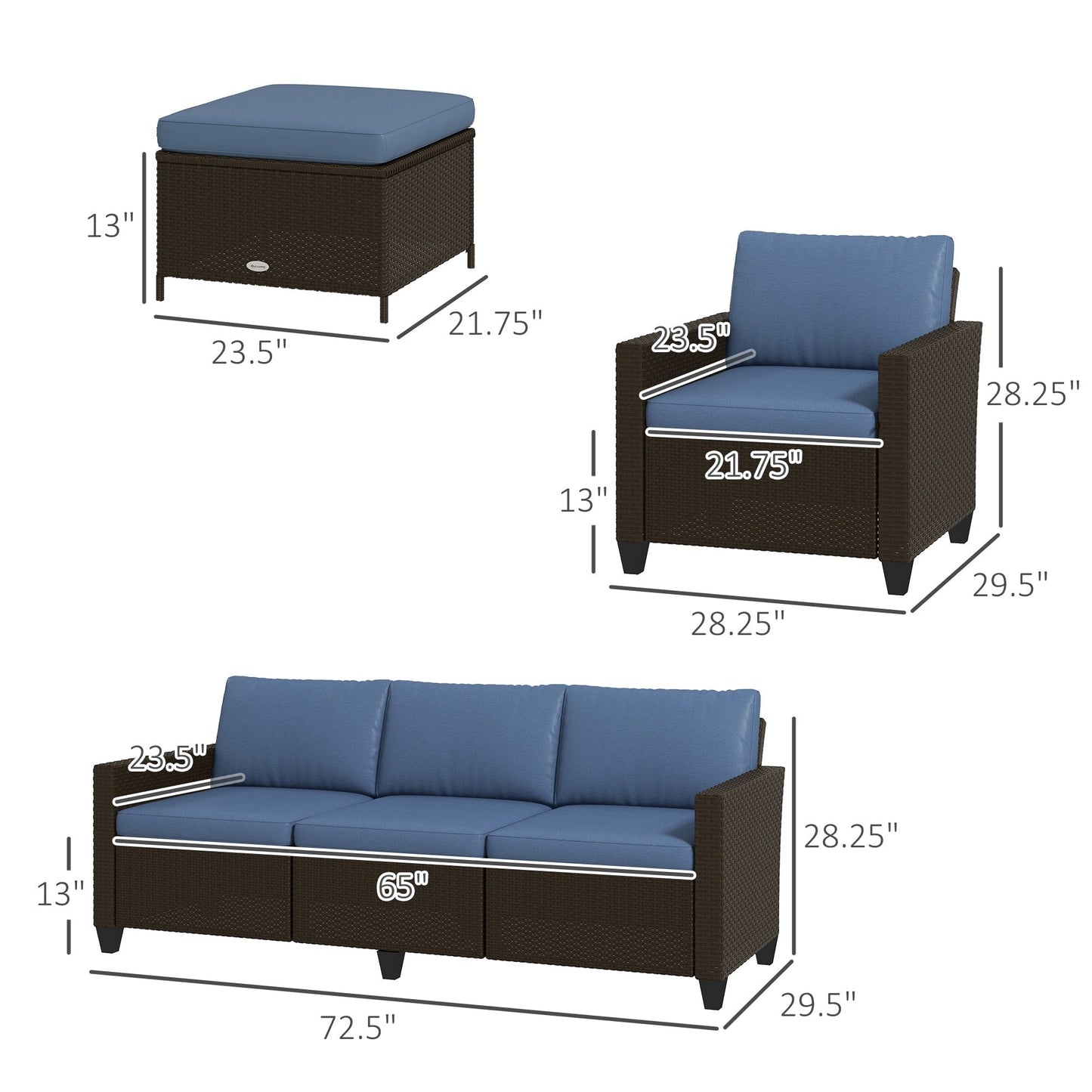 Ensemble de meubles de jardin Outsunny 5 pièces avec coussins, salon de jardin avec canapé trois places en rotin, chaises et repose-pieds