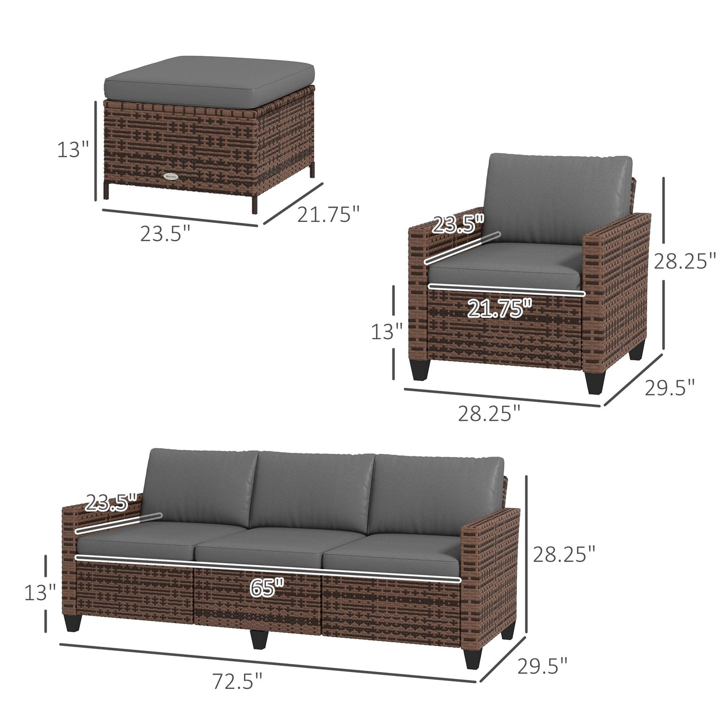 Ensemble de meubles de jardin Outsunny 5 pièces avec coussins, salon de jardin avec canapé trois places en rotin, chaises et repose-pieds