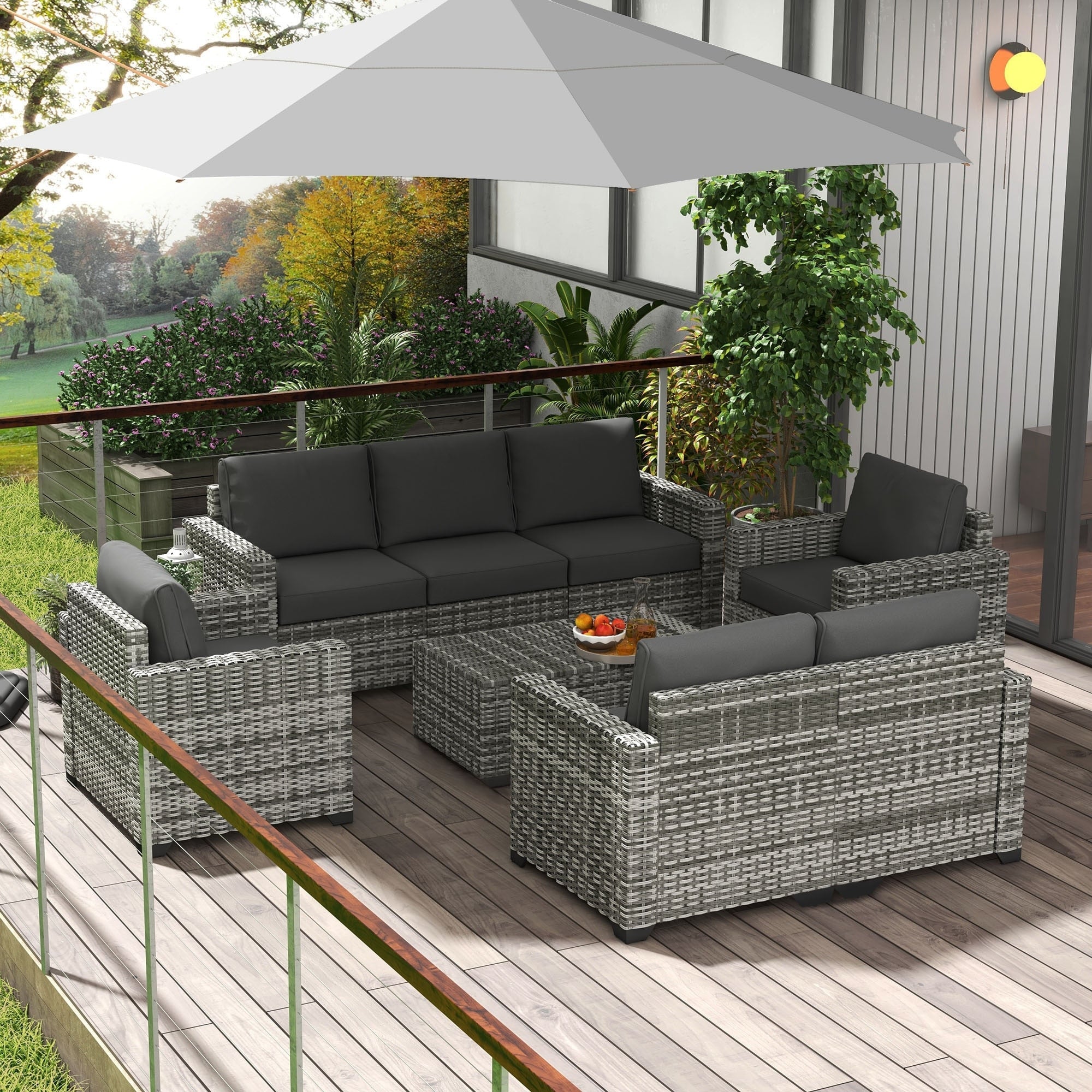 Ensemble de meubles de jardin Outsunny 5 pièces en osier avec coussins épais et rembourrés, canapé sectionnel d'extérieur en rotin PE