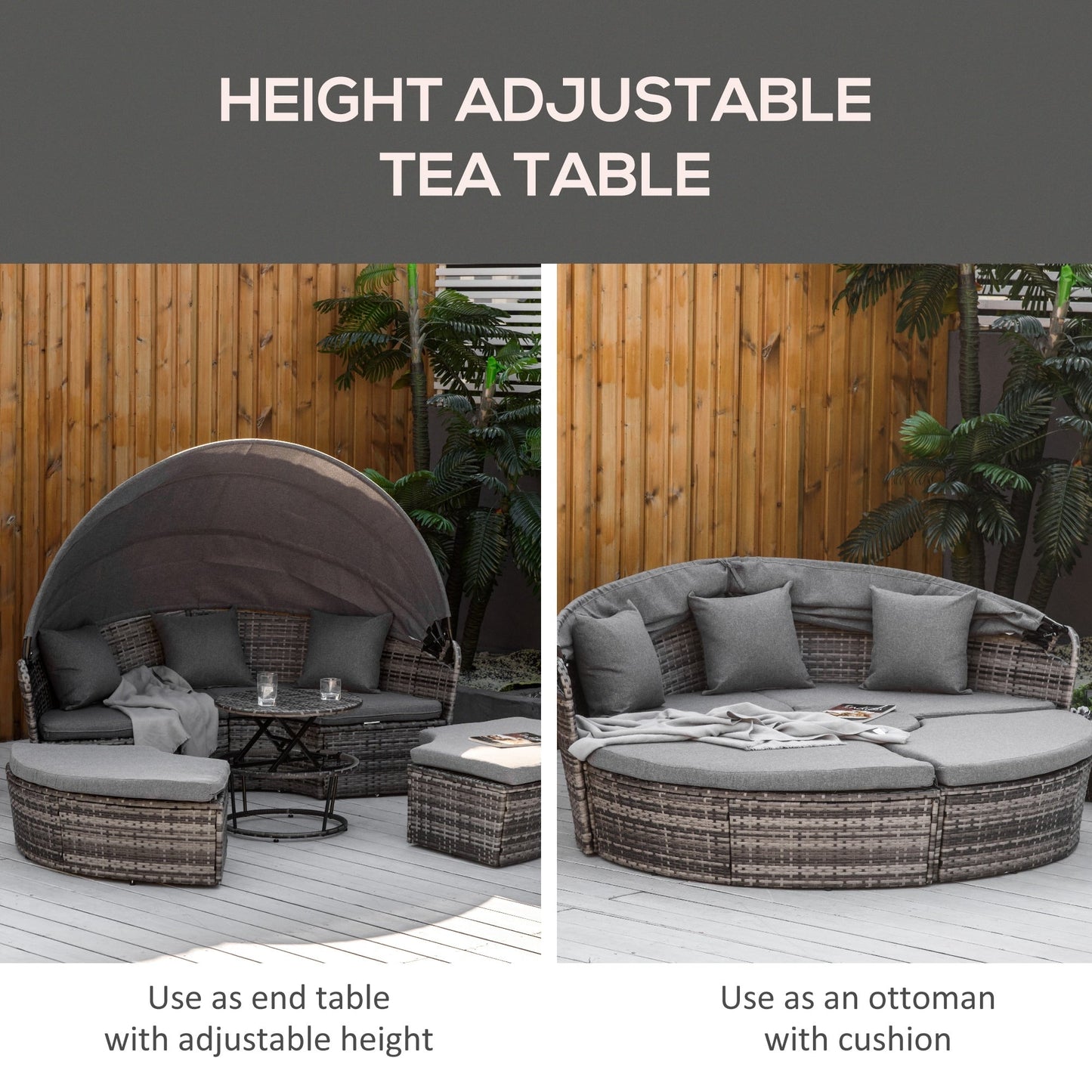 Ensemble de salon de jardin Outsunny 5 pièces en osier PE, ensemble de meubles de jardin en rotin, canapé-lit rond