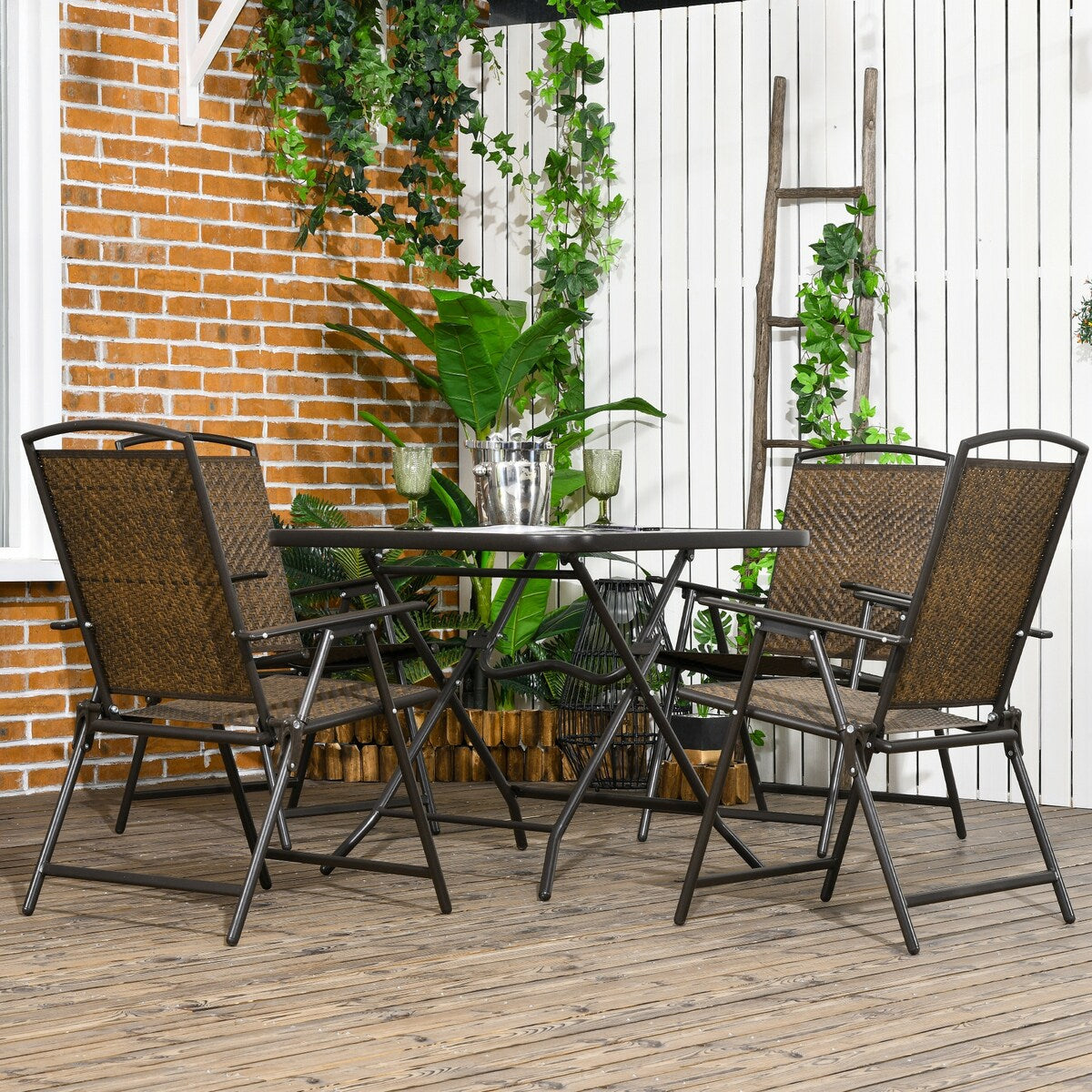 Ensemble de salle à manger de jardin Outsunny 5 pièces en osier, table et chaises d'extérieur pliables, ensemble de salle à manger en osier avec trou pour parasol