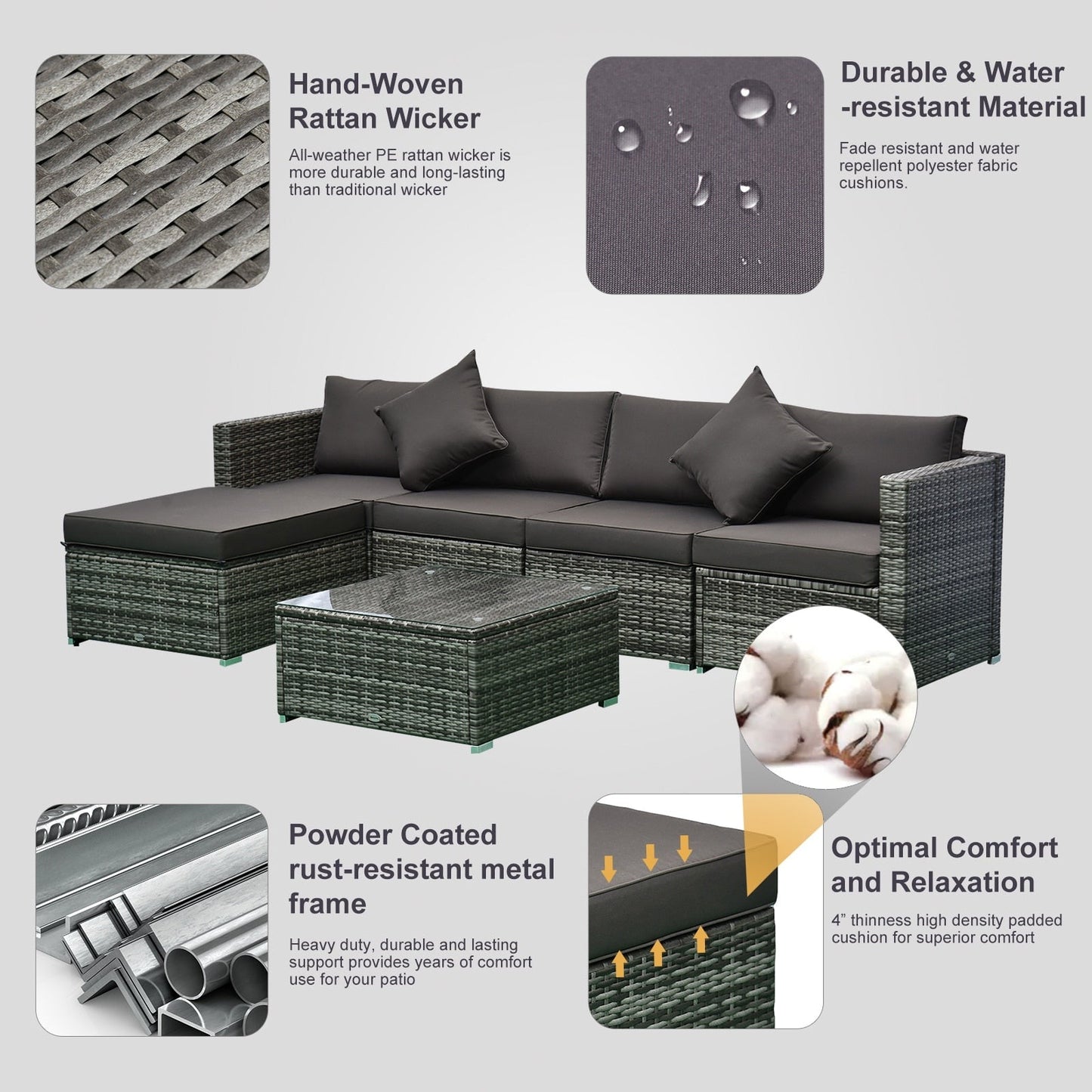 Ensemble de meubles de jardin Outsunny 6 pièces en rotin avec coussins en coton confortables et housses amovibles