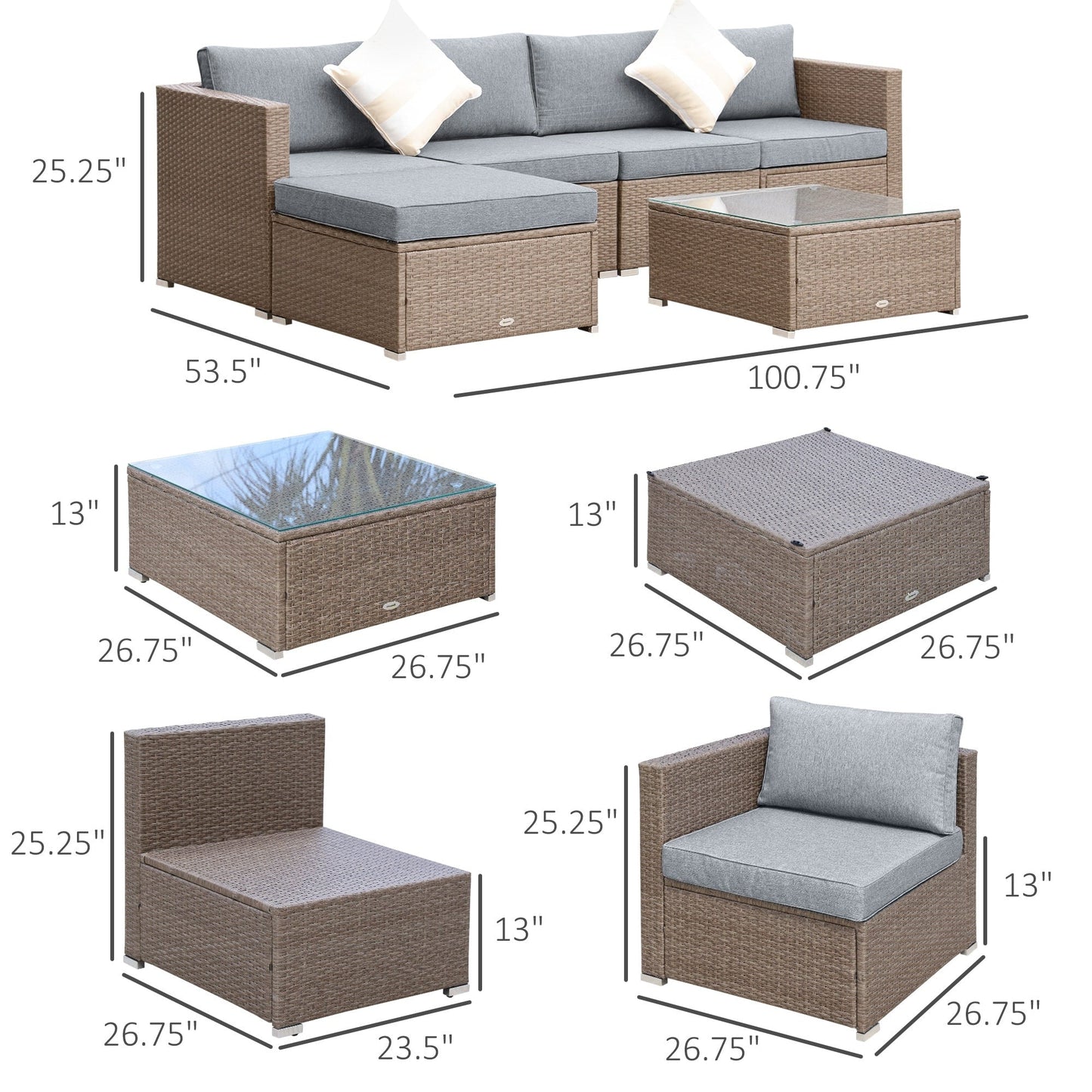 Ensemble de meubles de jardin Outsunny 6 pièces en rotin avec coussins en coton confortables et housses amovibles