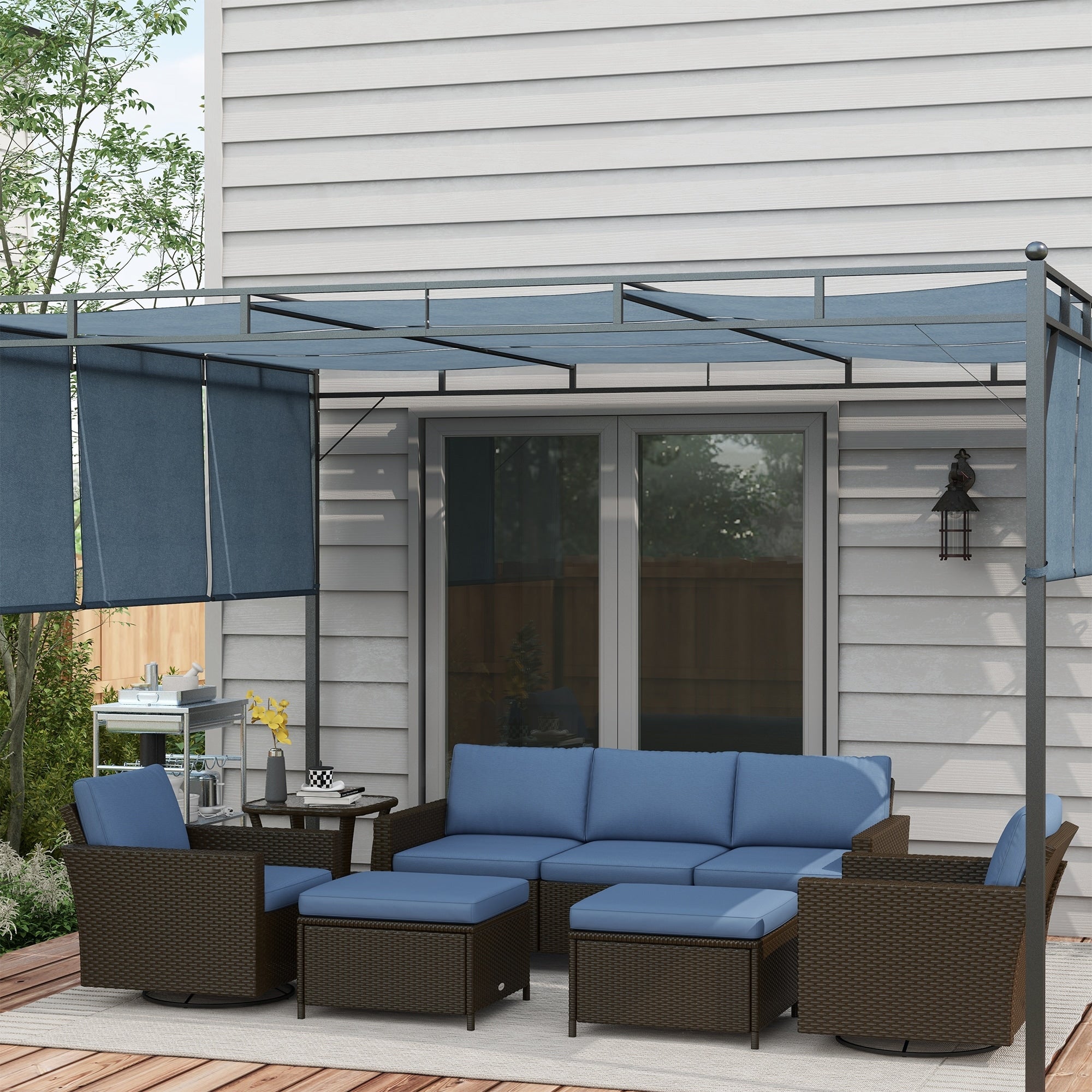 Ensemble de meubles de jardin Outsunny 6 pièces avec canapé trois places en rotin, fauteuils à bascule pivotants et repose-pieds