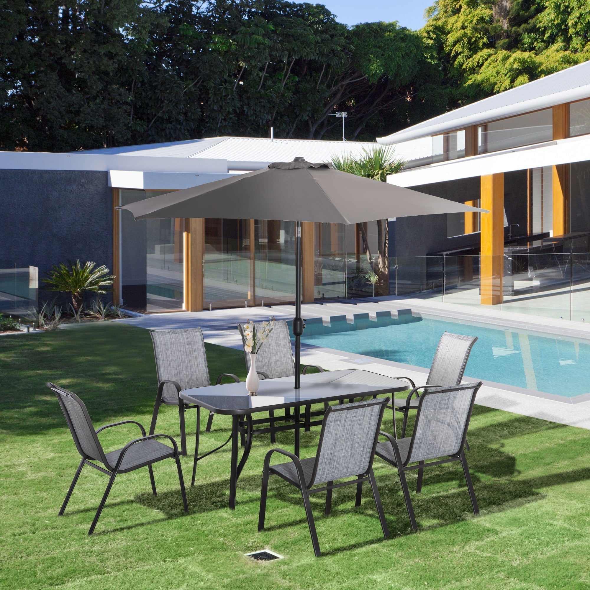 Ensemble de salle à manger de patio Outsunny 8 pièces avec table de patio de 8 pieds, parasol avec bouton-poussoir inclinable et manivelle, 6 chaises et table à manger