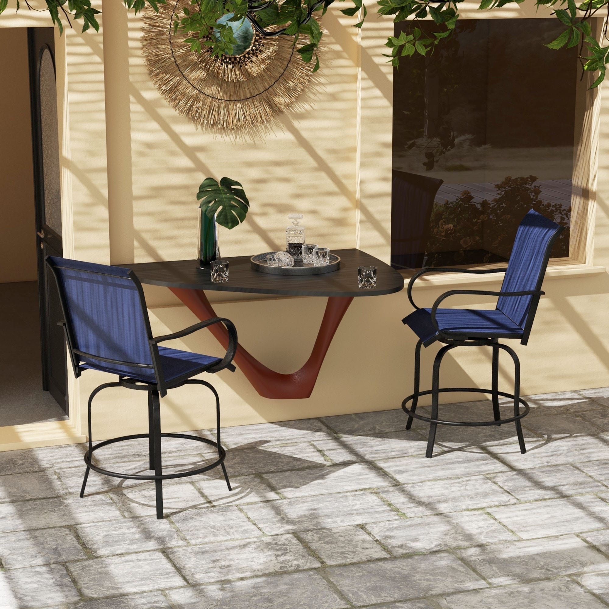 Lot de 2 tabourets de bar d'extérieur Outsunny avec accoudoirs, pivotants à 360°, hauteur bar, tissu maille haute densité, acier