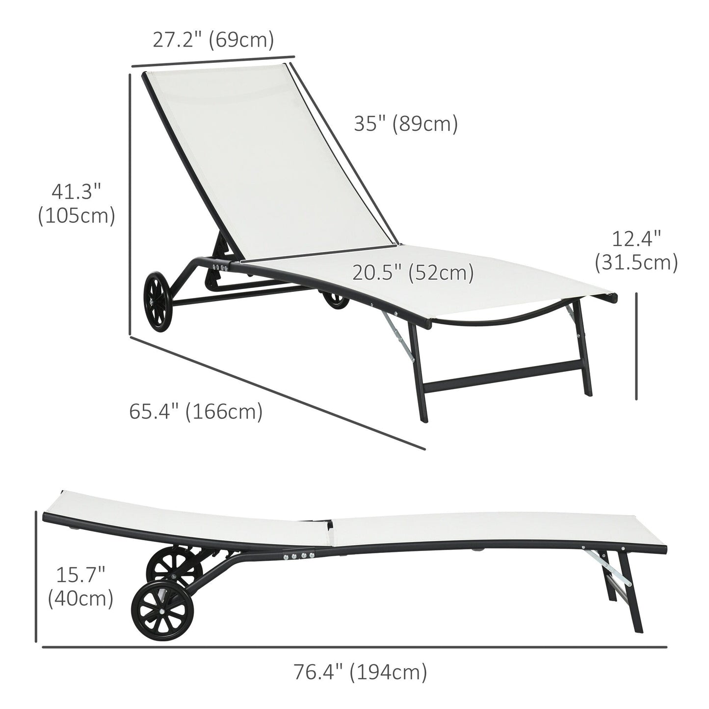 Ensemble de 2 chaises longues de patio Outsunny, fauteuil inclinable d'extérieur 2 pièces avec roulettes, dossier réglable sur 5 niveaux