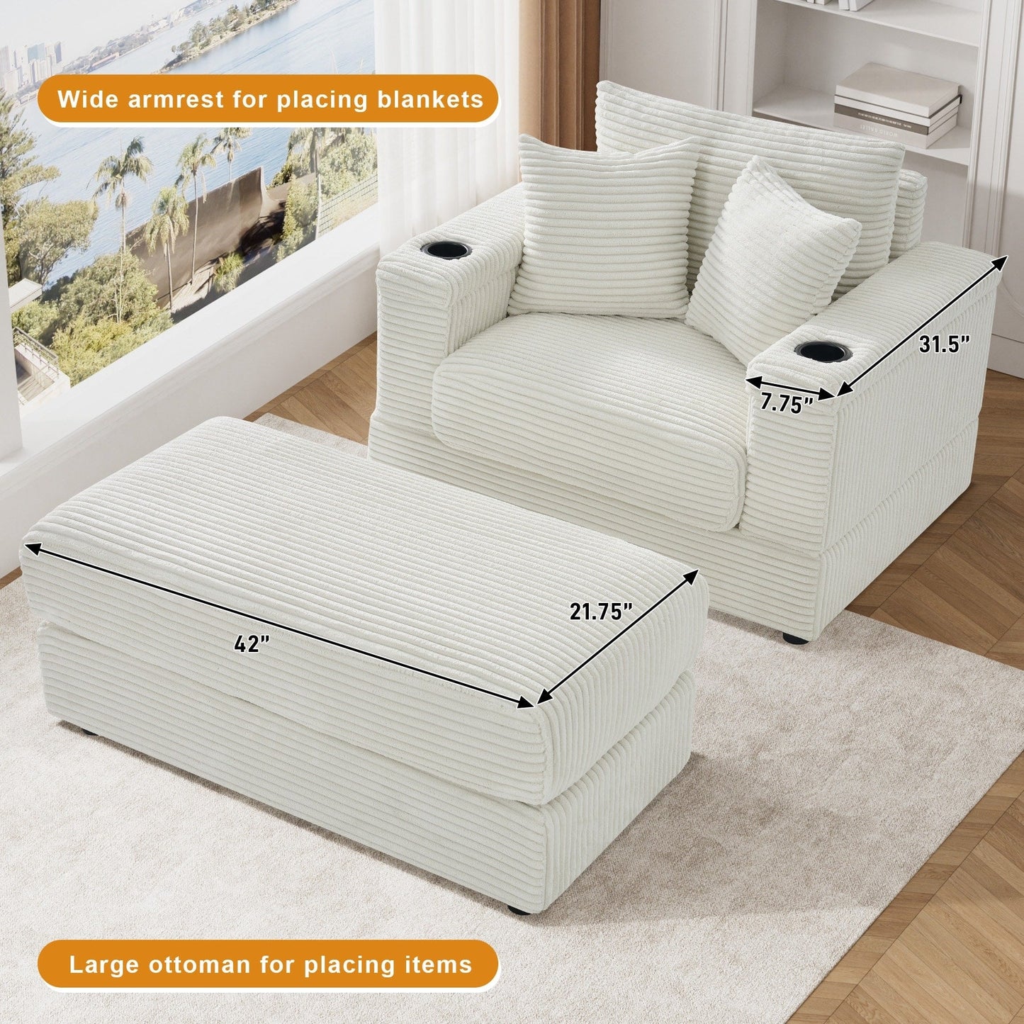 Canapé simple rembourré Ouyessir avec pouf pour salon