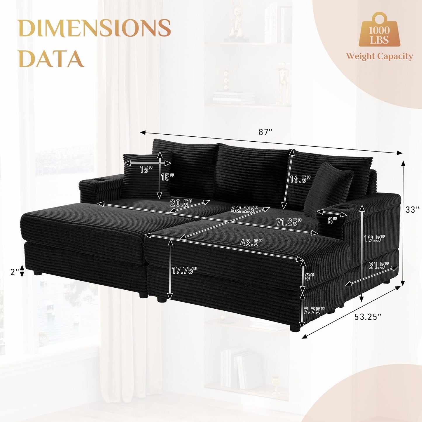 Canapé simple rembourré Ouyessir avec pouf pour salon