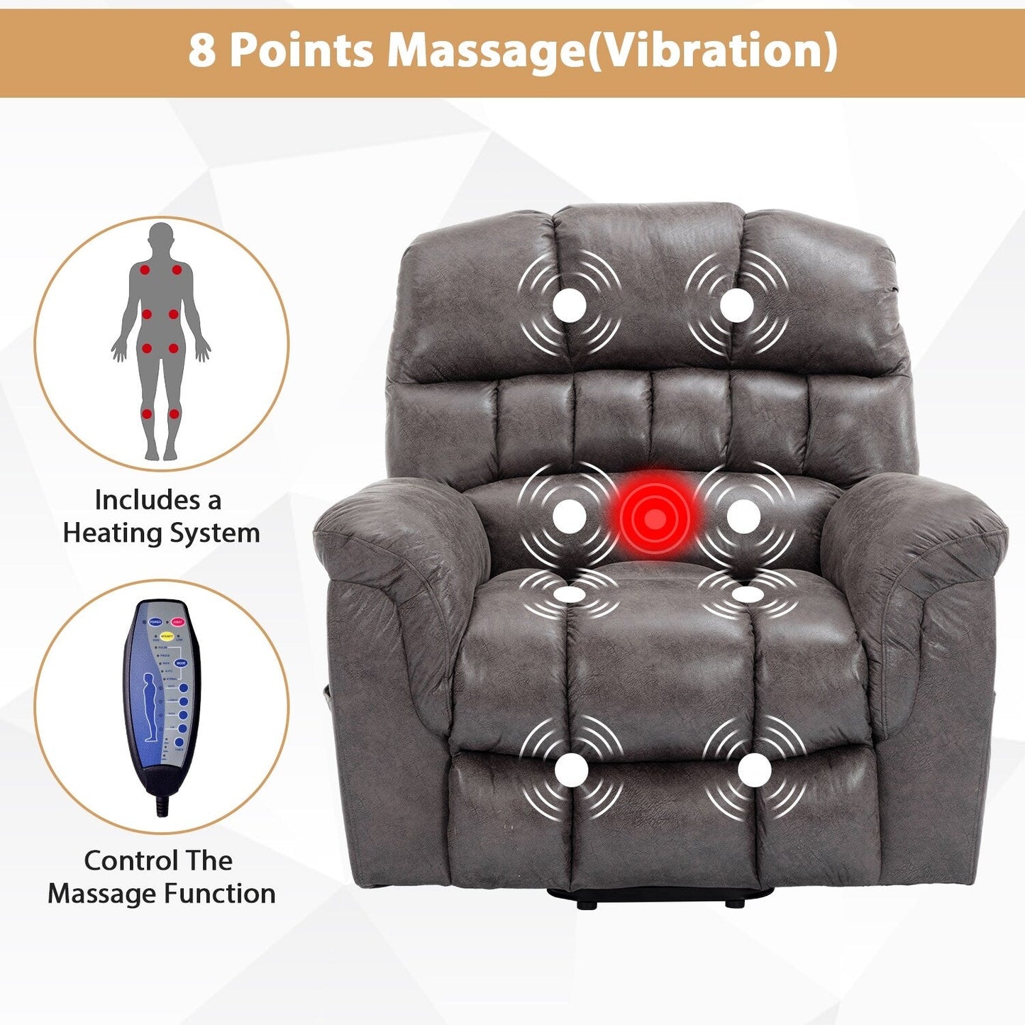 Fauteuil inclinable électrique surdimensionné de 42 po avec massage et chauffage