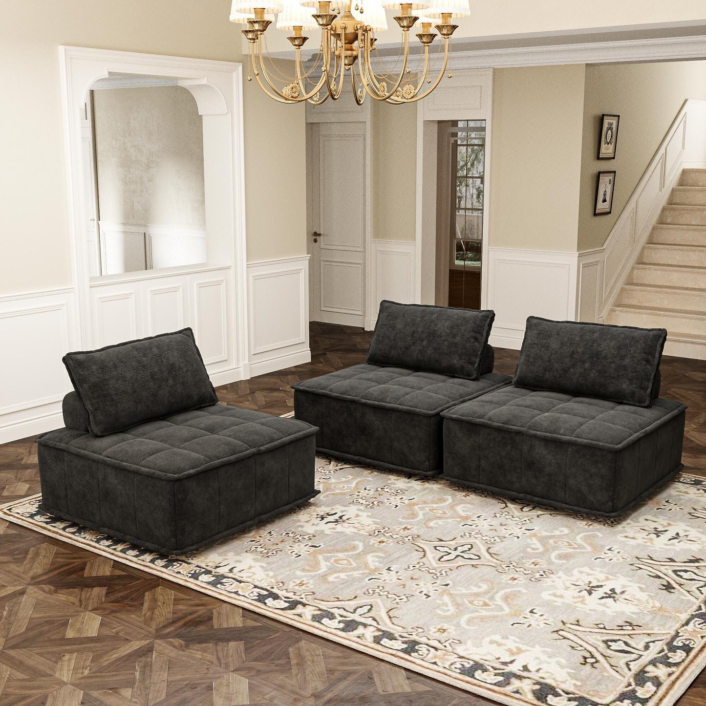 Ensemble de canapés carrés modulaires surdimensionnés 3 pièces en chenille avec coussins en mousse haute densité, combinaison libre