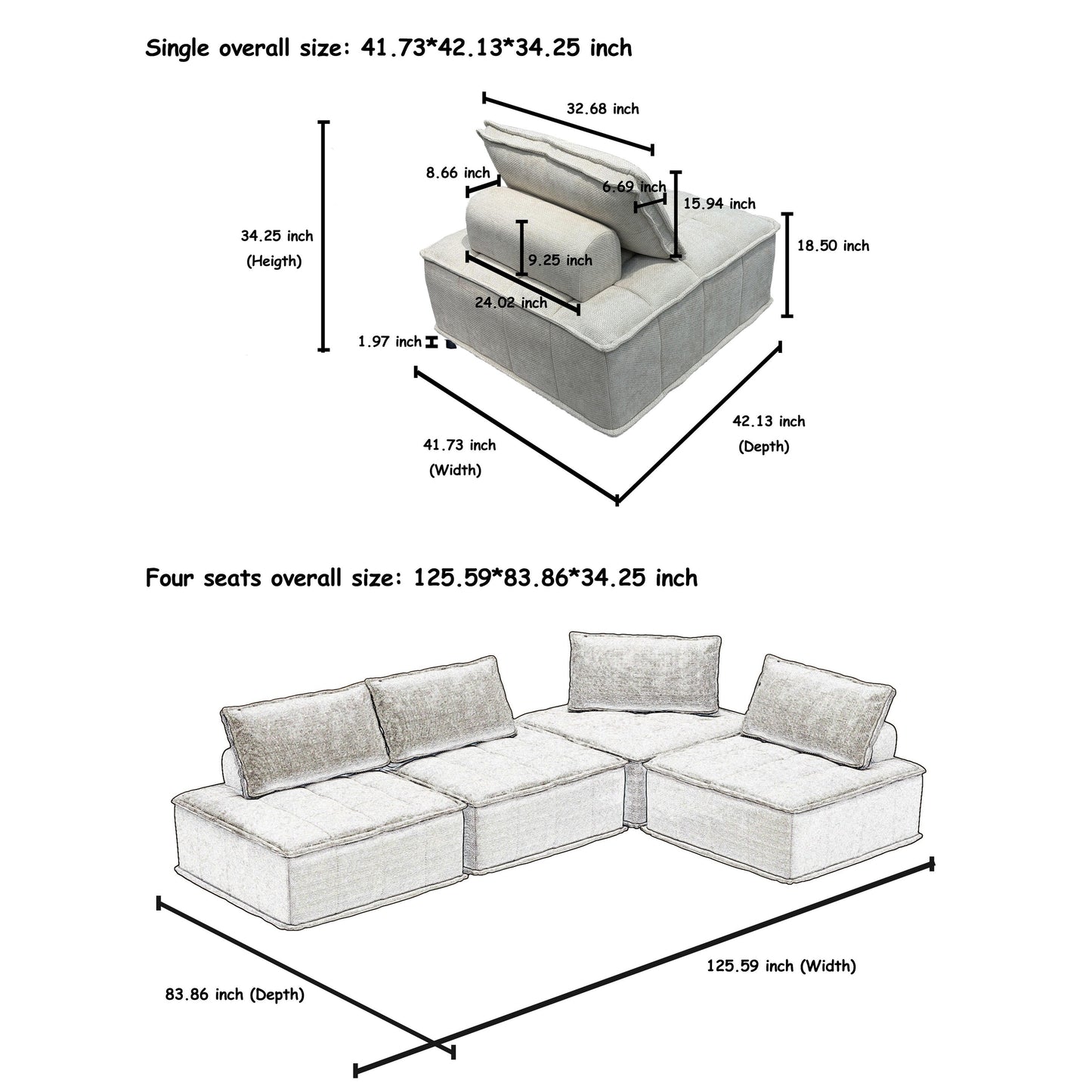 Ensemble de canapés carrés modulaires surdimensionnés 4 pièces en chenille avec coussins en mousse haute densité, combinaison libre