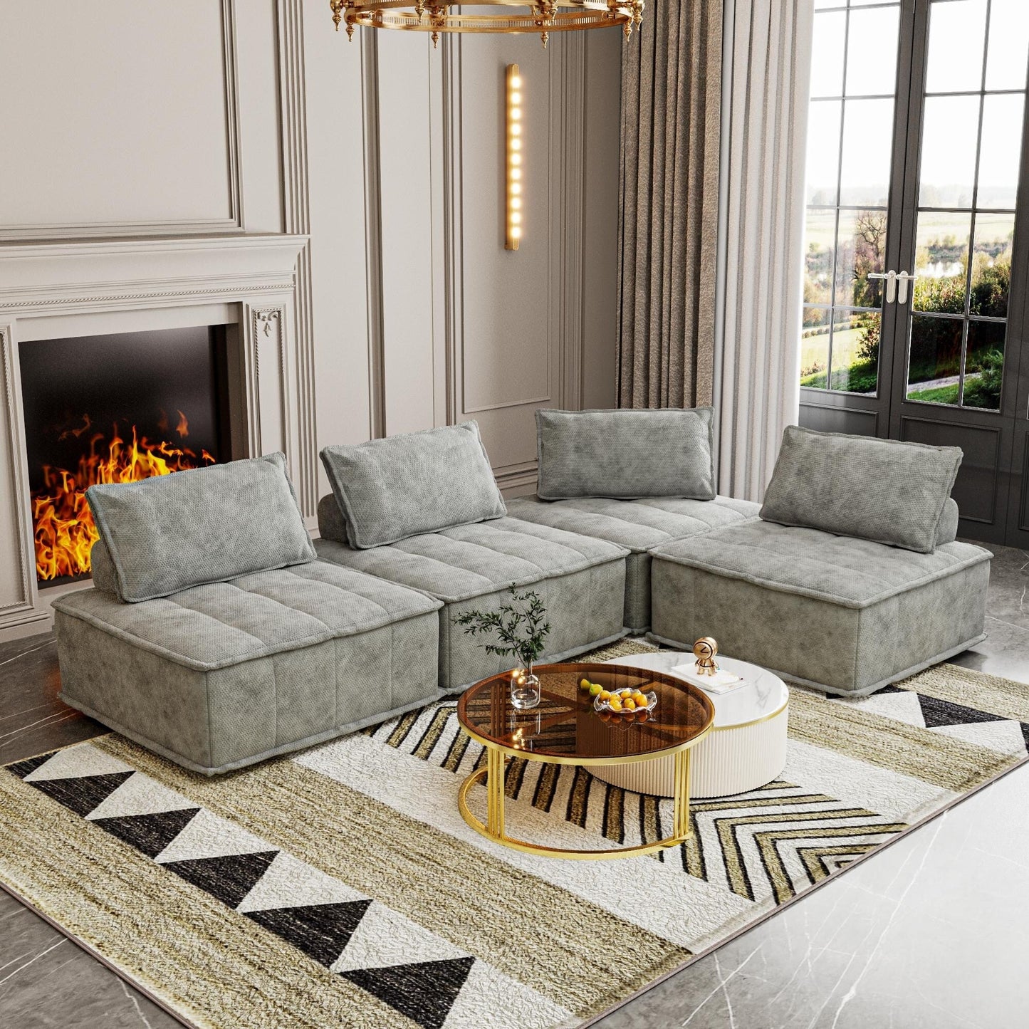 Ensemble de canapés carrés modulaires surdimensionnés 4 pièces en chenille avec coussins en mousse haute densité, combinaison libre